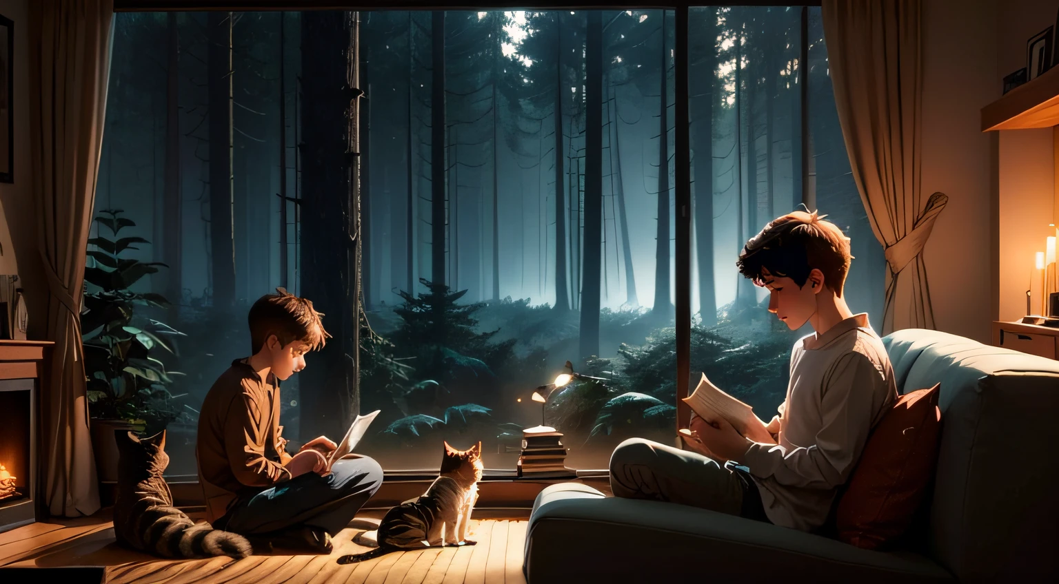 a living room full of windows in a dense forest at night. A boy is sitting on the couch reading a book and two cats are sitting by the fireplace