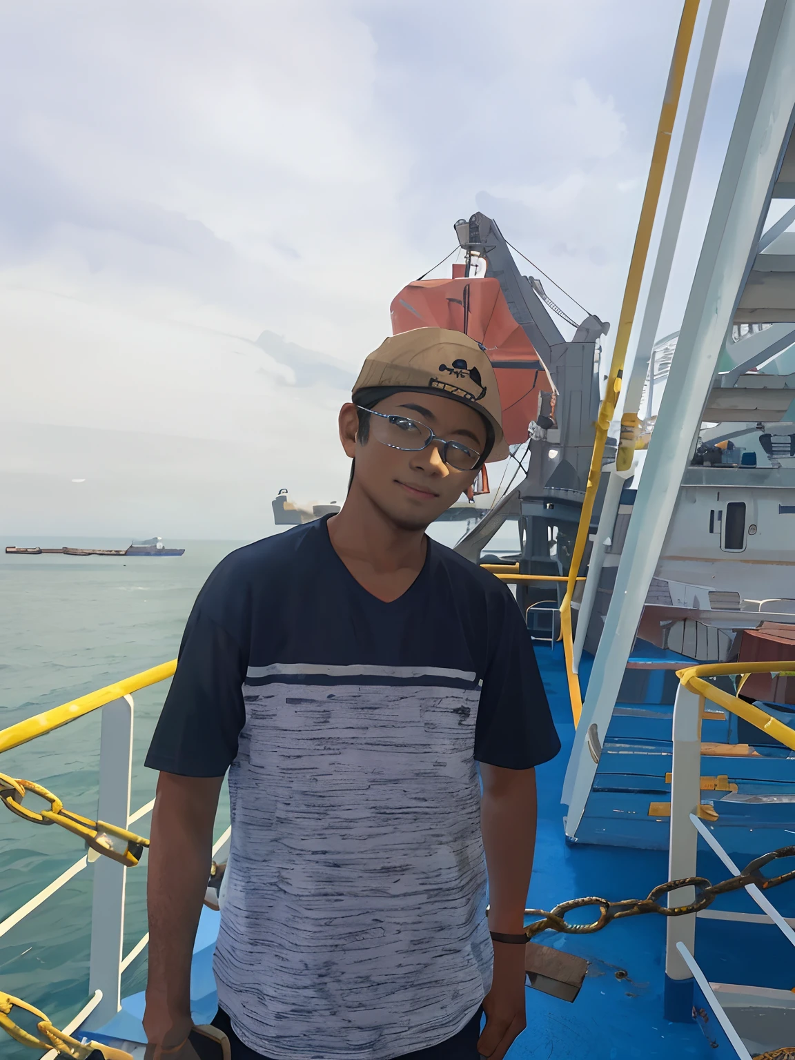 arafed man standing on a boat with a hat on, standing on ship deck, on the deck of a ship, standing on a ship deck, on the sea, on a boat, ocean in the background, taken with sony alpha 9, selfie photo, the ocean in the background, at the sea, on a pirate ship, shot with iphone 1 0