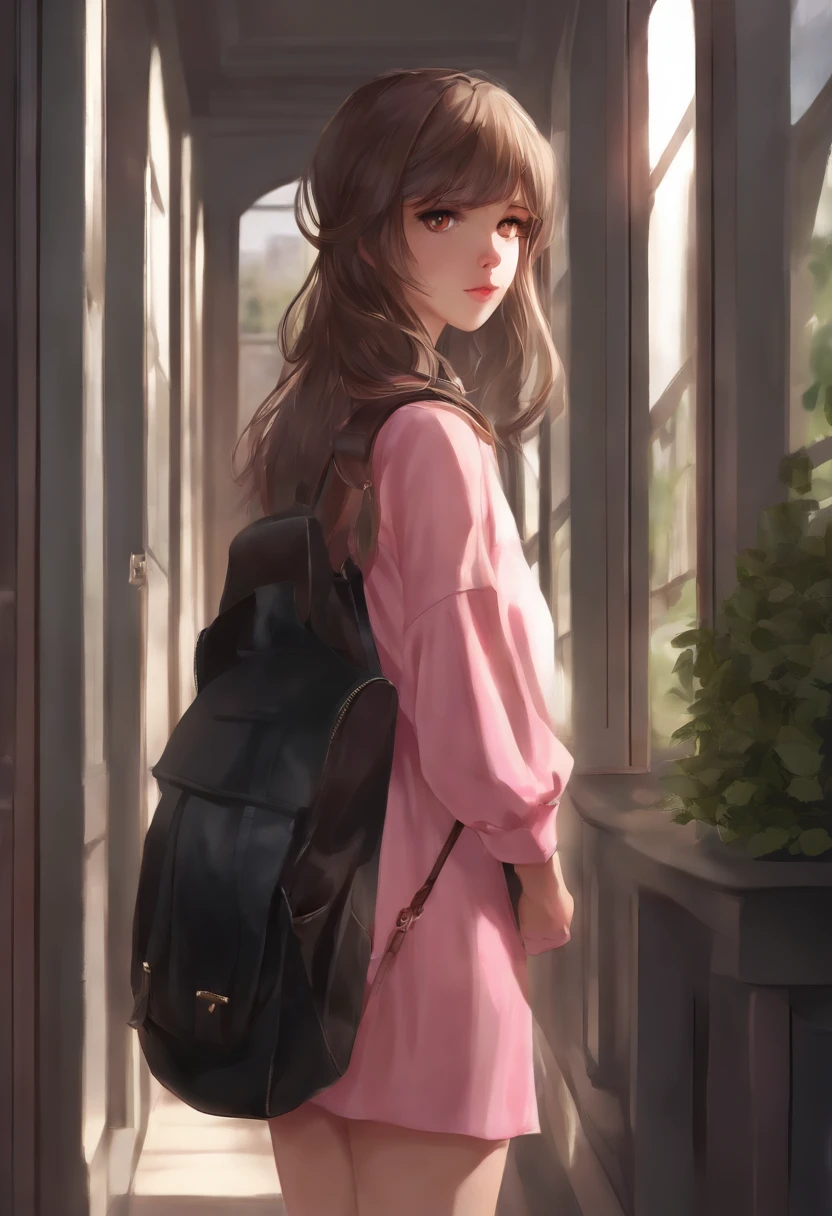 beautiful, masterpiece, best quality, extremely detailed face,  perfect lighting, 1girl, solo, sketch, marnie (pokemon), green eyes, asymmetrical bangs, backpack, bag, black choker, black jacket, blurry, blurry background, choker, closed mouth, dress, from behind, indoors, jacket, long sleeves, looking at viewer, looking back, off shoulder, pink dress, red bag, solo