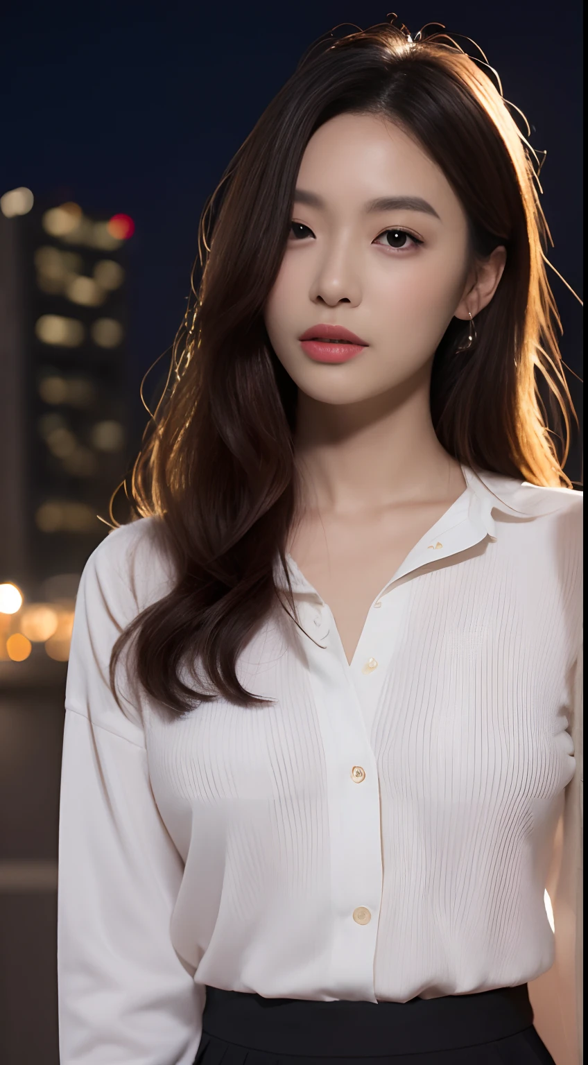 ((the night, 逼真光线, best qualtiy, 8K, tmasterpiece:1.3)), A tall and beautiful woman，Slender abs，Dark brown hair in loose wavy styling，nedium breasts，Wear a pendant，white button-down blouse，obi strip，a black skirt，（Modern architecture in background），Beautifully rendered details in face and skin textures，Detailed eyes，二重まぶた
