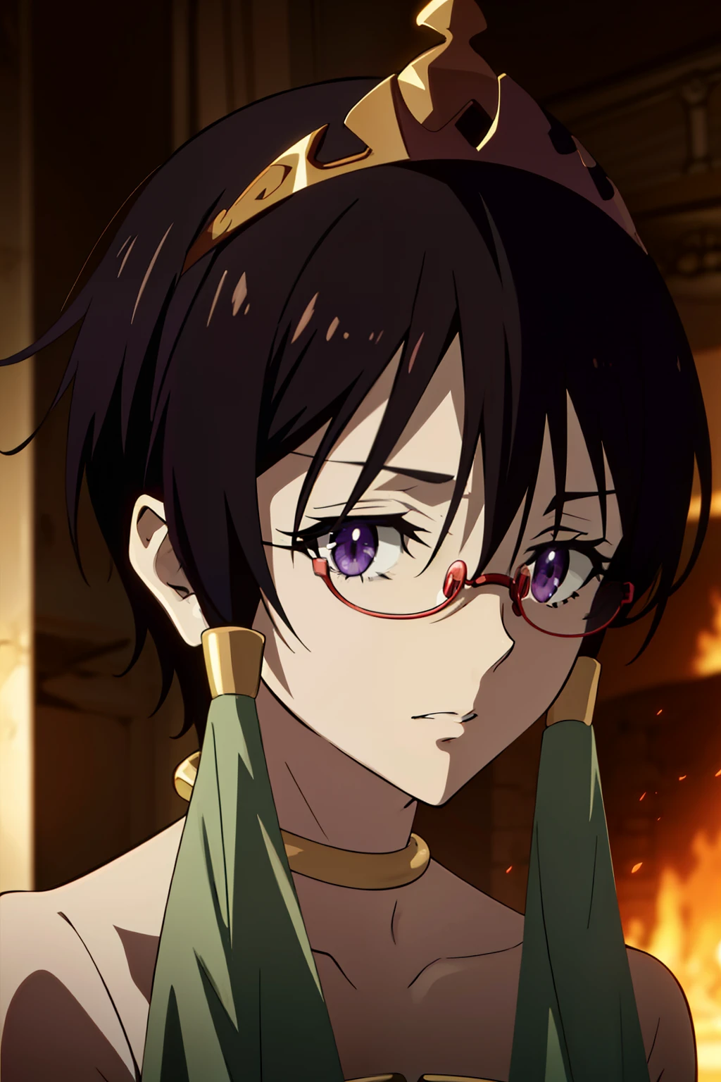 (best quality, masterpiece, ultra detailed), 1girl,  towasama,  short hair, purple eyes, hair tubes, red crown, (rimless eyewear:1.1)