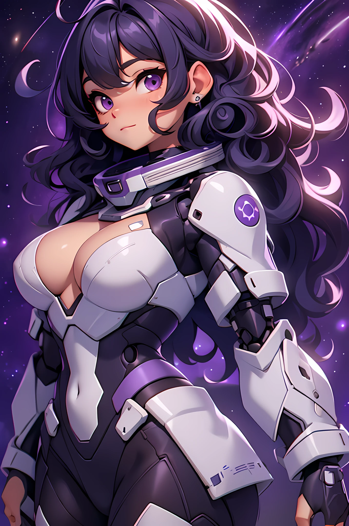 girl, long curly hair, purple mecha suit, space background