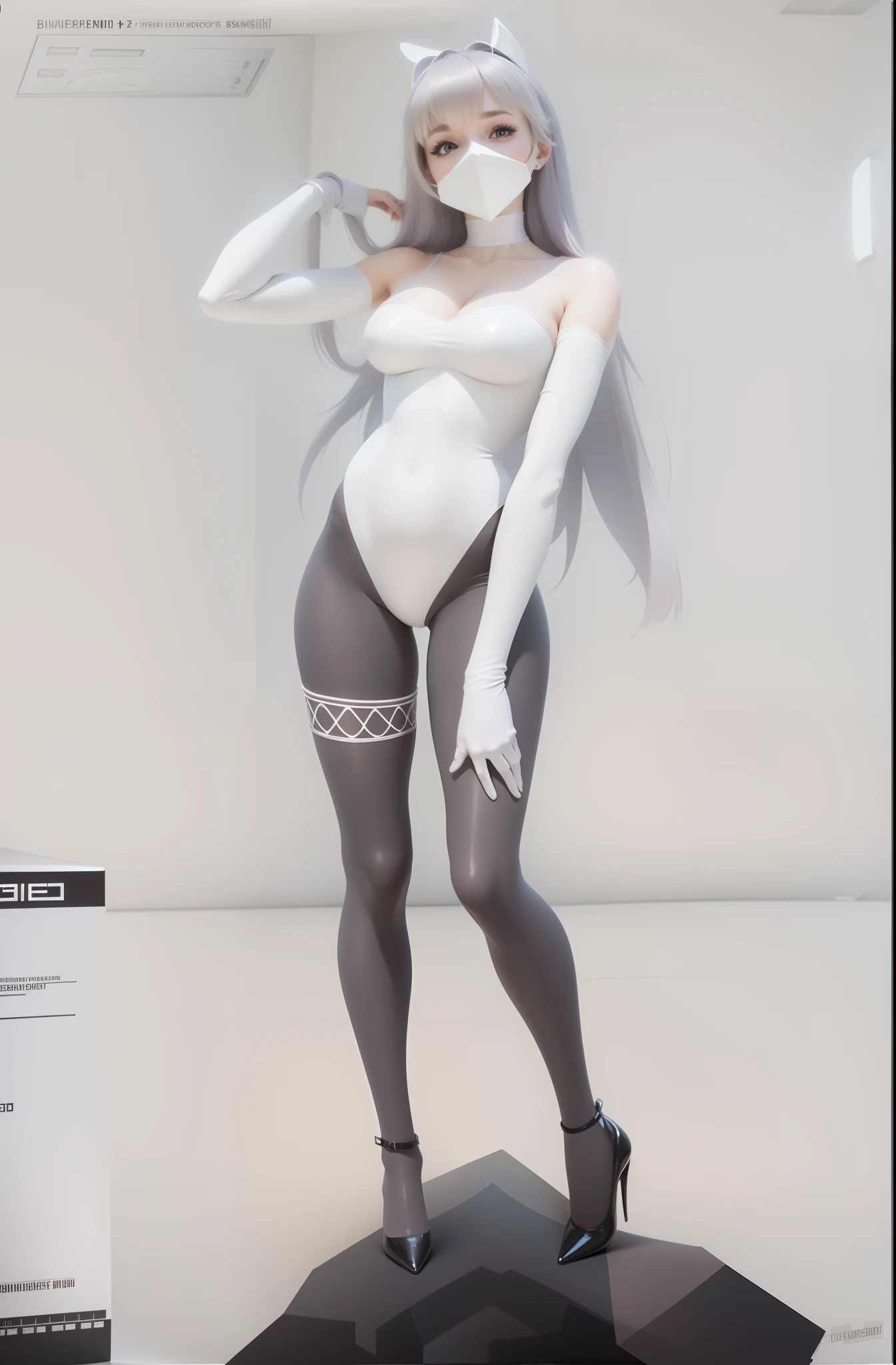 Bunny costume with exposed breasts，Transparent skinny latex garment，Off-the-shoulder bandeau long sleeves，No slings，Tight gloves，Perfect body line，nabel，gigantic cleavage breasts