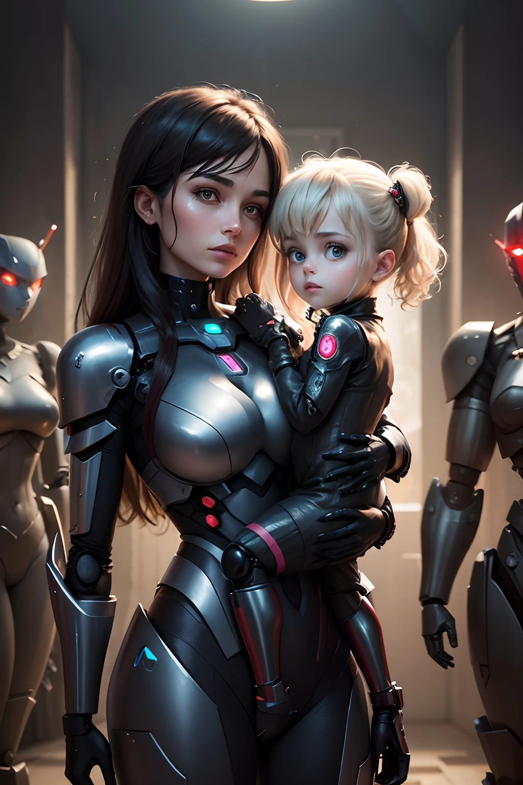 A hybrid mother with her human daughter in her arms and some evil robots in the background