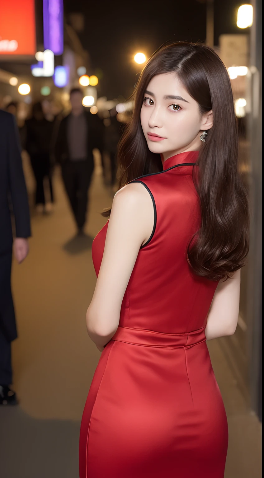 ((top-quality、8K、​masterpiece、:1.3))、1girl in、Amazing beauty，full body Esbian、Slim Faces、Pretty women、(dark brown hair)、qipao dress:1.1、Super Detailed Face、detailedeyes、二重まぶた、blurry backround、Slim Faces、nighttime scene、appearance、Street、raw,Back，Walking，raw,Back