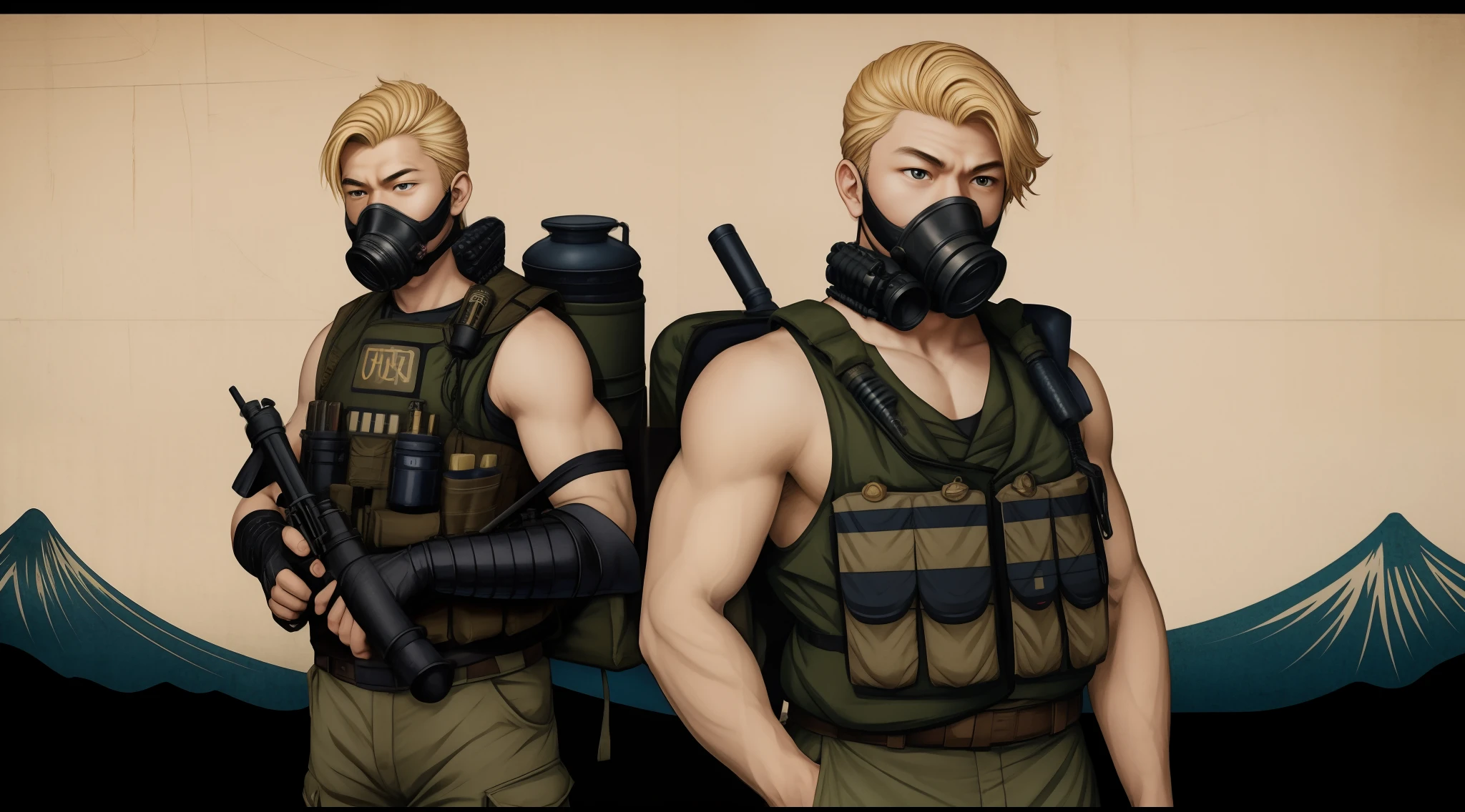 Ukiyo-e, young male, blonde, river, screensaver, cargo pants, armoured vest, caucassian masculine square faces, gas mask