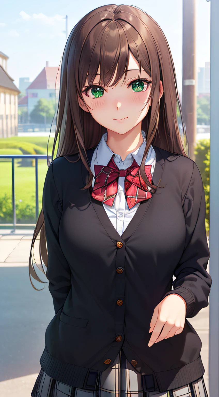 ((masterpiece, best quality, highres, UHD, perfect pixel, depth of field, 4k, RTX, HDR))), 1girl, single, solo, beautiful anime girl, beautiful artstyle, anime character, ((long hair, bangs, brown hair)), ((green eyes:1.4, rounded eyes, beautiful eyelashes, realistic eyes)), ((detailed face, blushing:1.2)), ((smooth texture:0.75, realistic texture:0.65, photorealistic:1.1, anime CG style)), medium breasts, dynamic angle, perfect body, ((portrait, pov)), ((red bowtie, school uniform, black jacket, open jacket, brown cardigan, white shirt, black skirt, plaid skirt)), smile, ((hand touches cheek)), amusement park