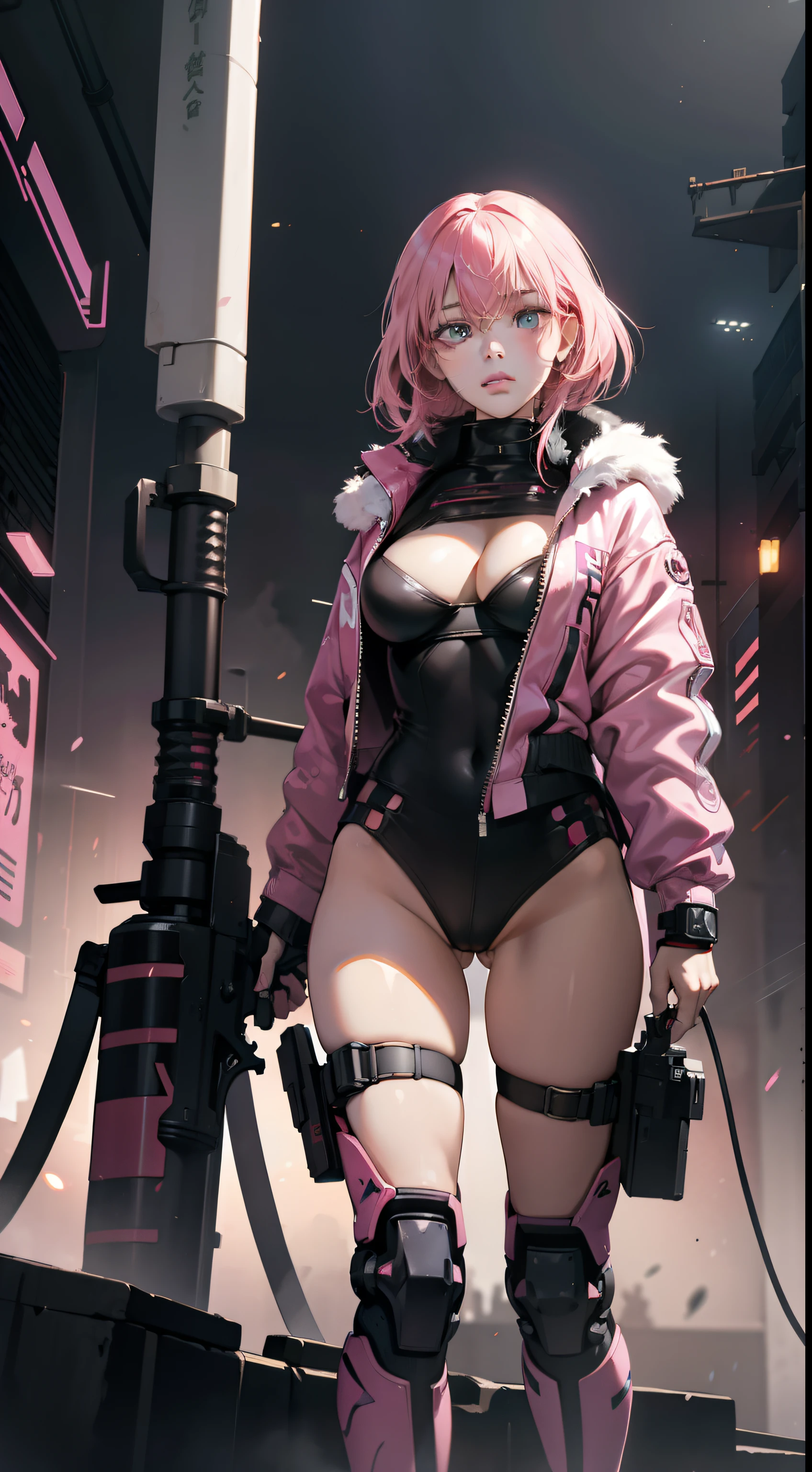 a female Hentai cyborg,doujin,stylish,pussy,busty,pink pubic hair,glamour,pink color tone,psychedelic costume,armored,A Cyberpunk dystopian girl,fantasic dystopia,dystopian scape,bladerunner,ghost in the shell,photorealistic,psychedelic colourful tone,posing,armed,guns,weapons,masterpiece,detailed,8k,dramatic,cinematic,dystopia