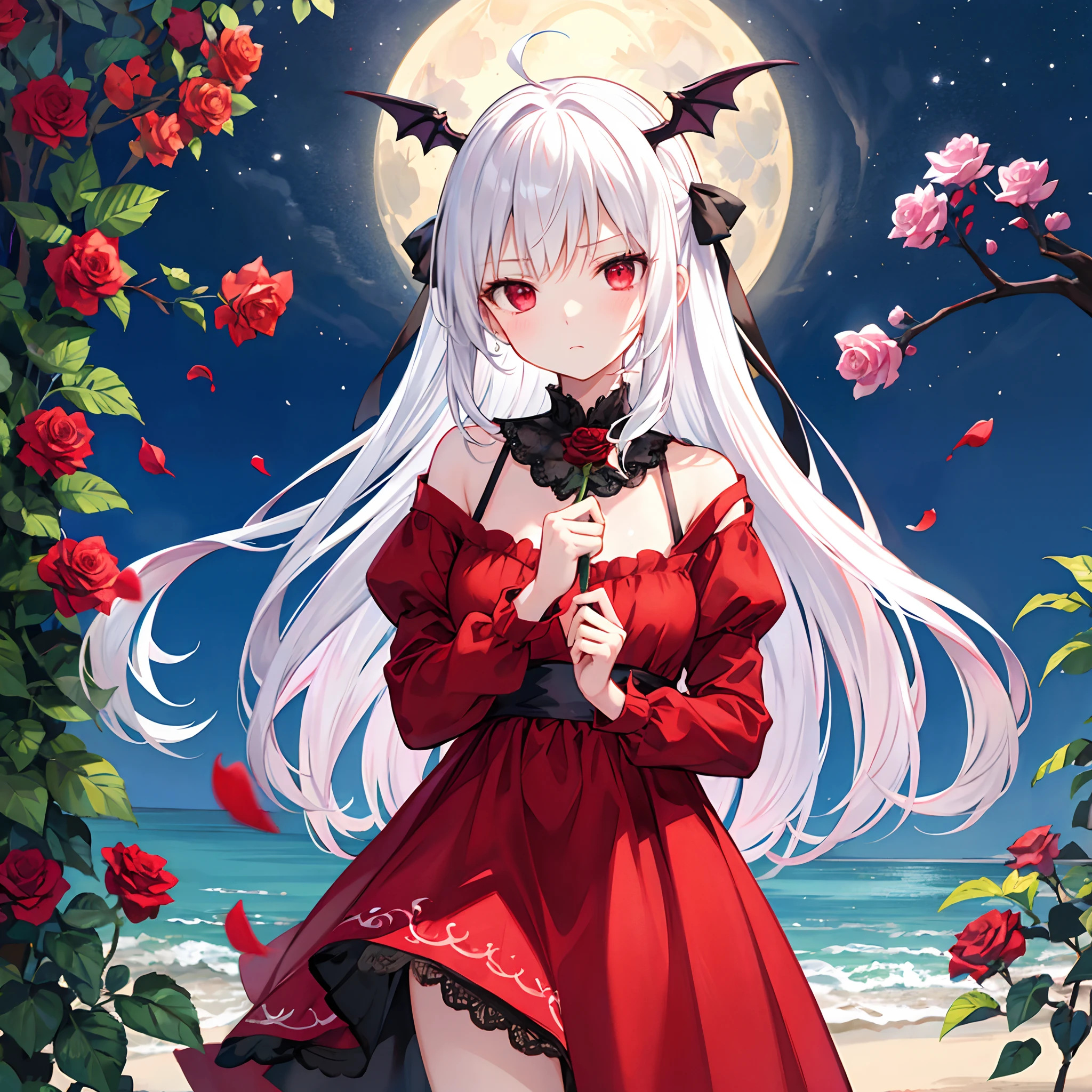 white hair、vampire、red eyes、Beautiful girl alone、Red dress、a cold expression、rose garden、a moon