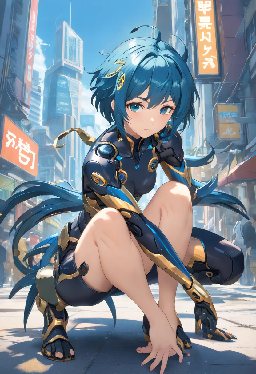 A medusa woman wearing a black mecha suit with gold metallic parts+silver robotic parts, blue hair, short hair, hair with snakes, looking at the viewer, (((pose interacting and leaning [on something in the environment|on an object]) )), a destroyed city, stone people, it's daytime, ((full body):1.5), 16k, UHD, best possible quality, ultra detailed, best possible resolution, Unreal Engine 5, professional photography, ((well- detailed)), ((fingers, well-detailed hand)), ((perfect_hands))