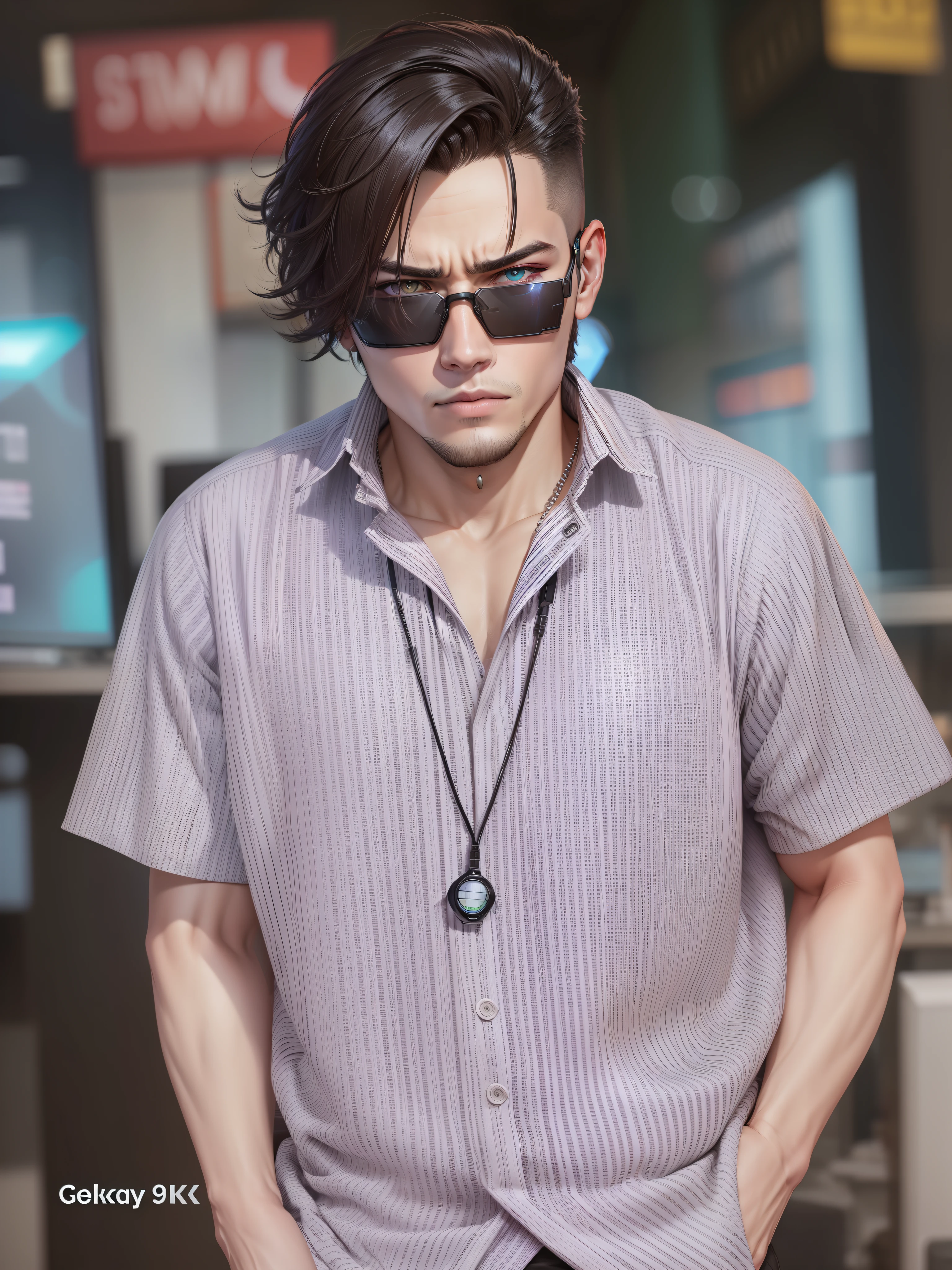 Change background cyberpunk handsome boy, realistic face, 8k, ultra realistic, cyborg left hand, smart eyeglass,
