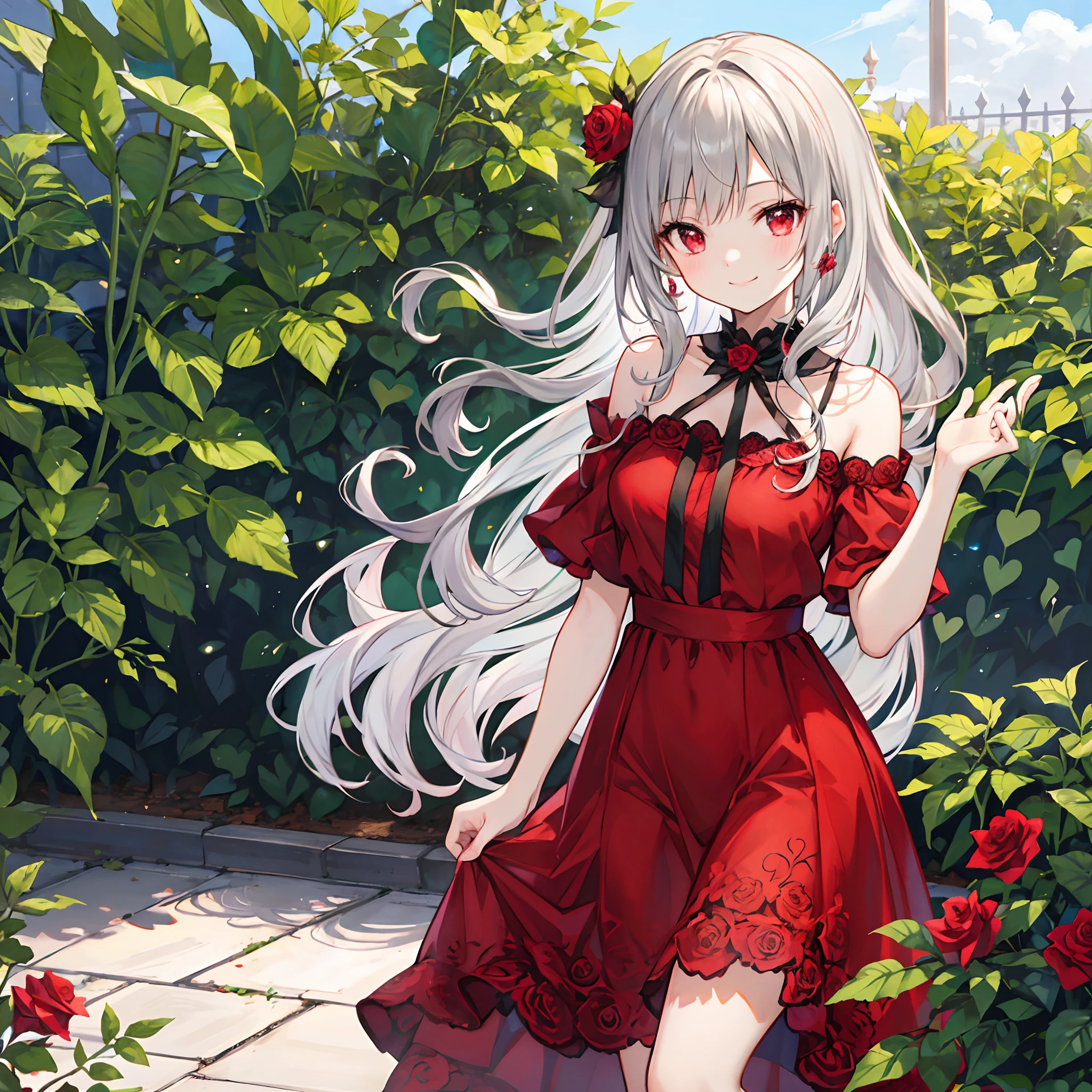 Wavy Gray Hair、red eyes、Beautiful girl alone、Red dress、a smile、rose garden