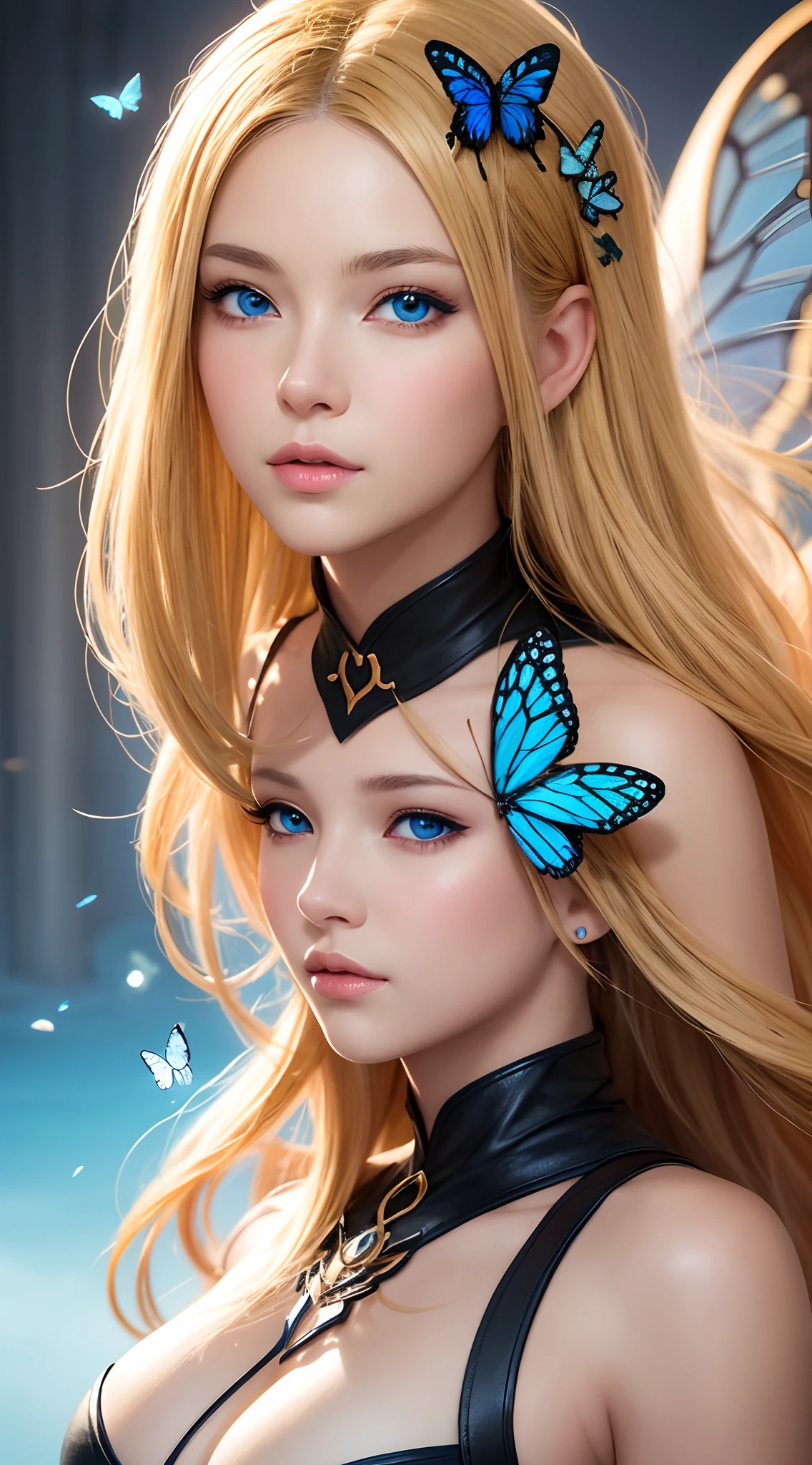 Woman with blonde hair，eBlue eyes，Butterflies are worn on his head, Fantasy art style, cgsociety portrait, hyper-detailed fantasy character, Beautiful digital artwork, digital fantasy art ), fantasy concept art portrait, stunning digital illustration, [ trending on CGSociety ]!!, Fanart Meilleure ArtStation, Stunning character art, Deviantart ArtStation CGSCOSIETY, digital fantasy portrait, Stunning anime face portrait