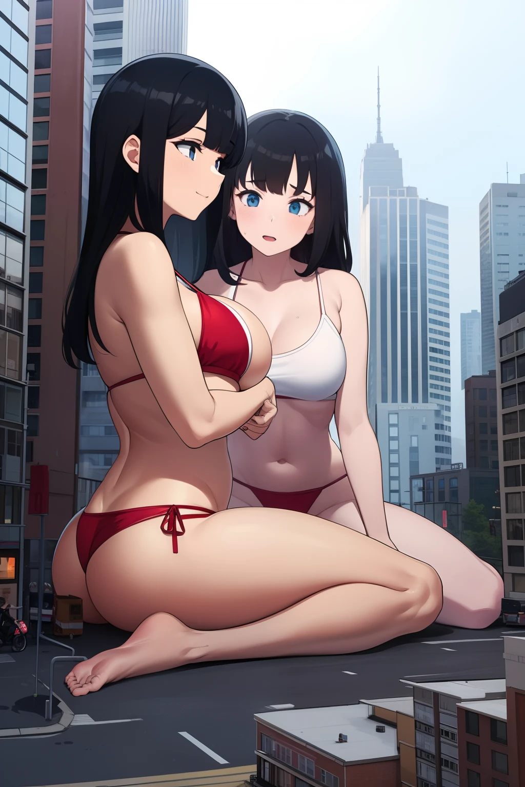 2girls, black hair, red bikini, GTScity, giantesses, city, buildings, Sitting on Building