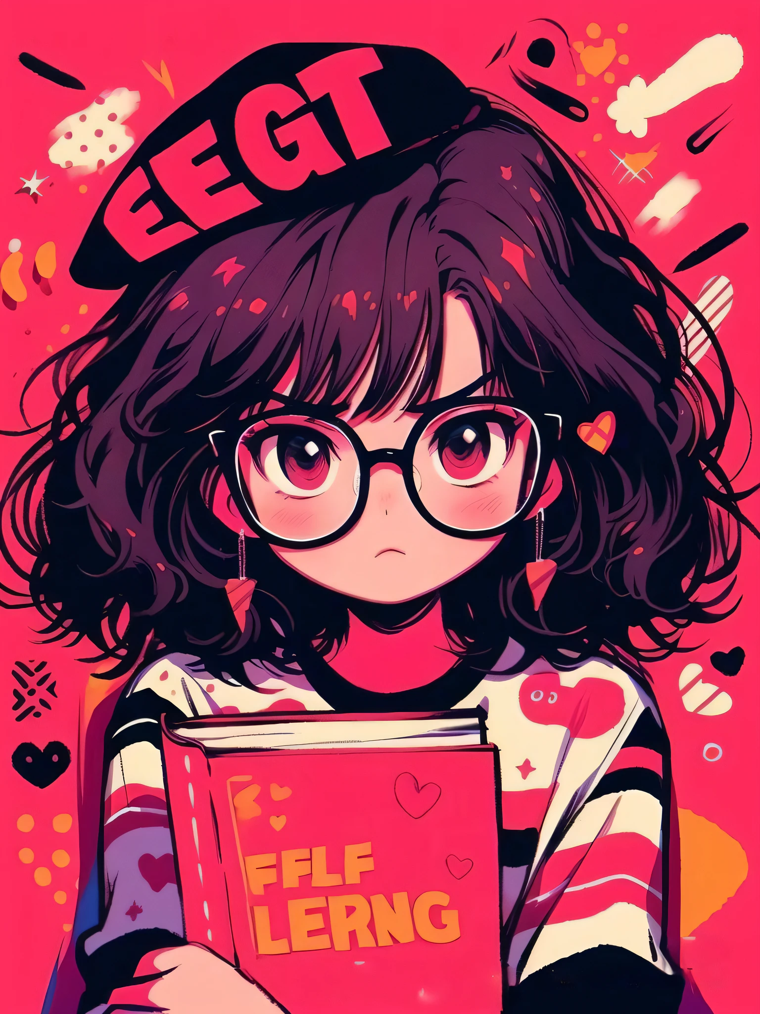 A girl with glasses holds a book with the words "Self-Lelin" written on it, lofi-girl, e - girl, Praise Artstyle, E-Girl, Lofi art, author:Ei-Q, Anime style illustration, manga book anime style, comic strip, Retro anime girl, lofi portrait, comic artstyle, lofi feel, urban girl fanart