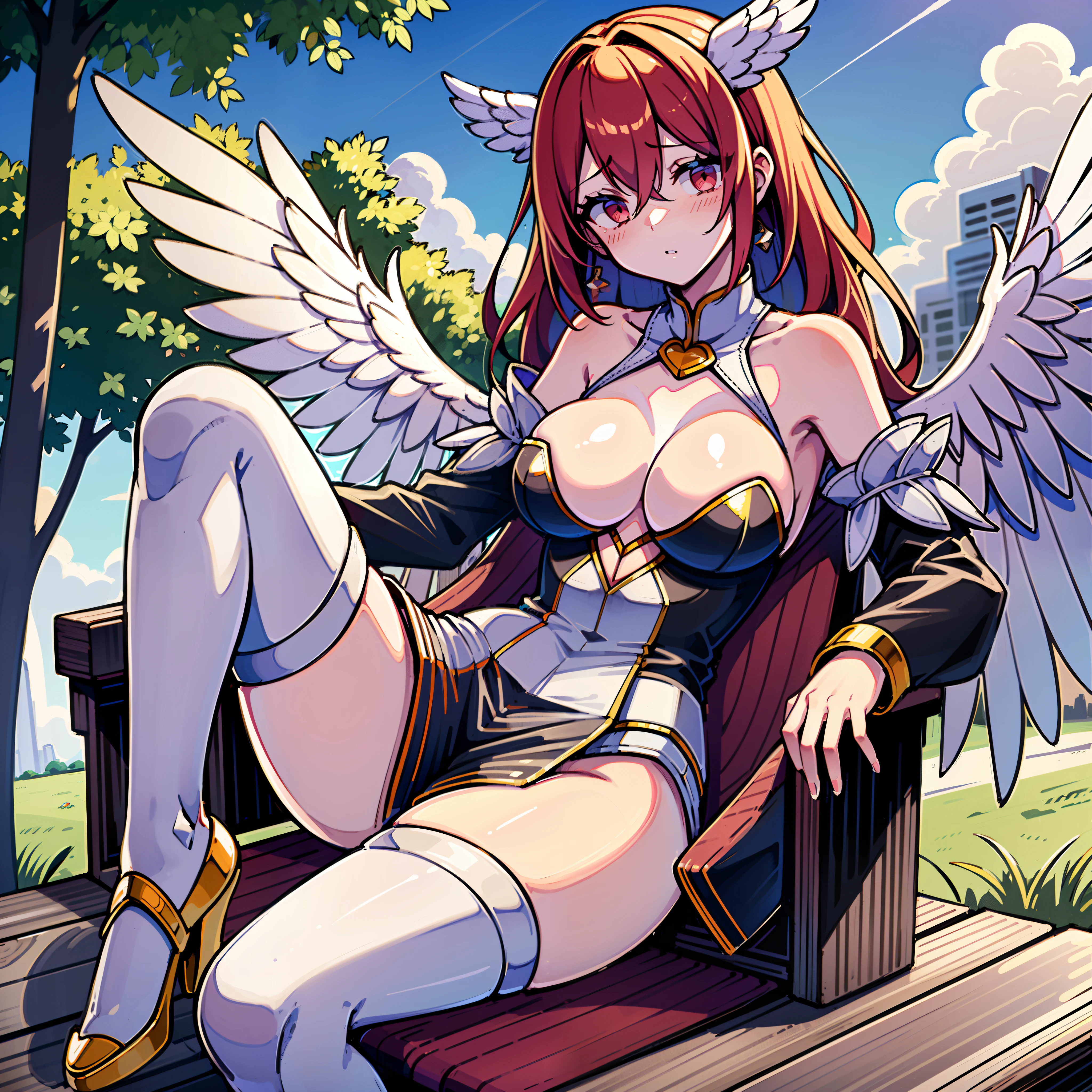 Sexy, Cherry Red hair, large breasts, an angelic character wearing white, gold and blue, 1girl, solo, wings, detached sleeves, thighhighs, spread legs, feathered wings, blush, navel, hair between eyes, outdoors, angel wings, high heels, sitting, white thighhighs, long hair, skinny, cleavage