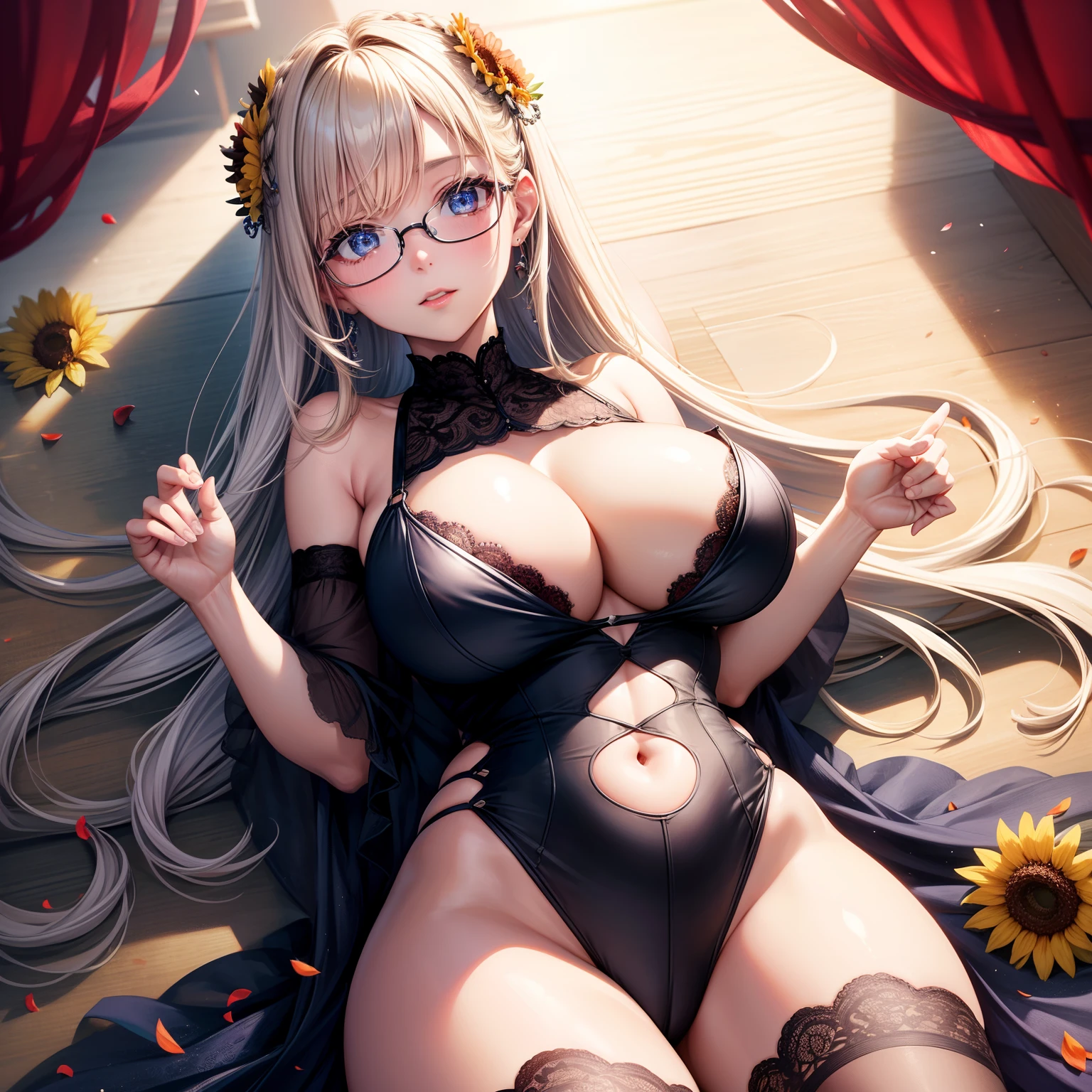 super high image, super detail, super high resolution, portrait, sexy female, beautiful, cute, glasses, blue sparkling big eyes, light blonde glossy braided bangs hair, red alluring moist lips, amorous expression, lewd expression, huge breasts, under boobs, side boobs, abs, great proportion, perfect proportion, slender, black lace see-through tight dress, background lots of petals from lilies cherry blossoms and sunflowers are spread all over the place, professional lighting