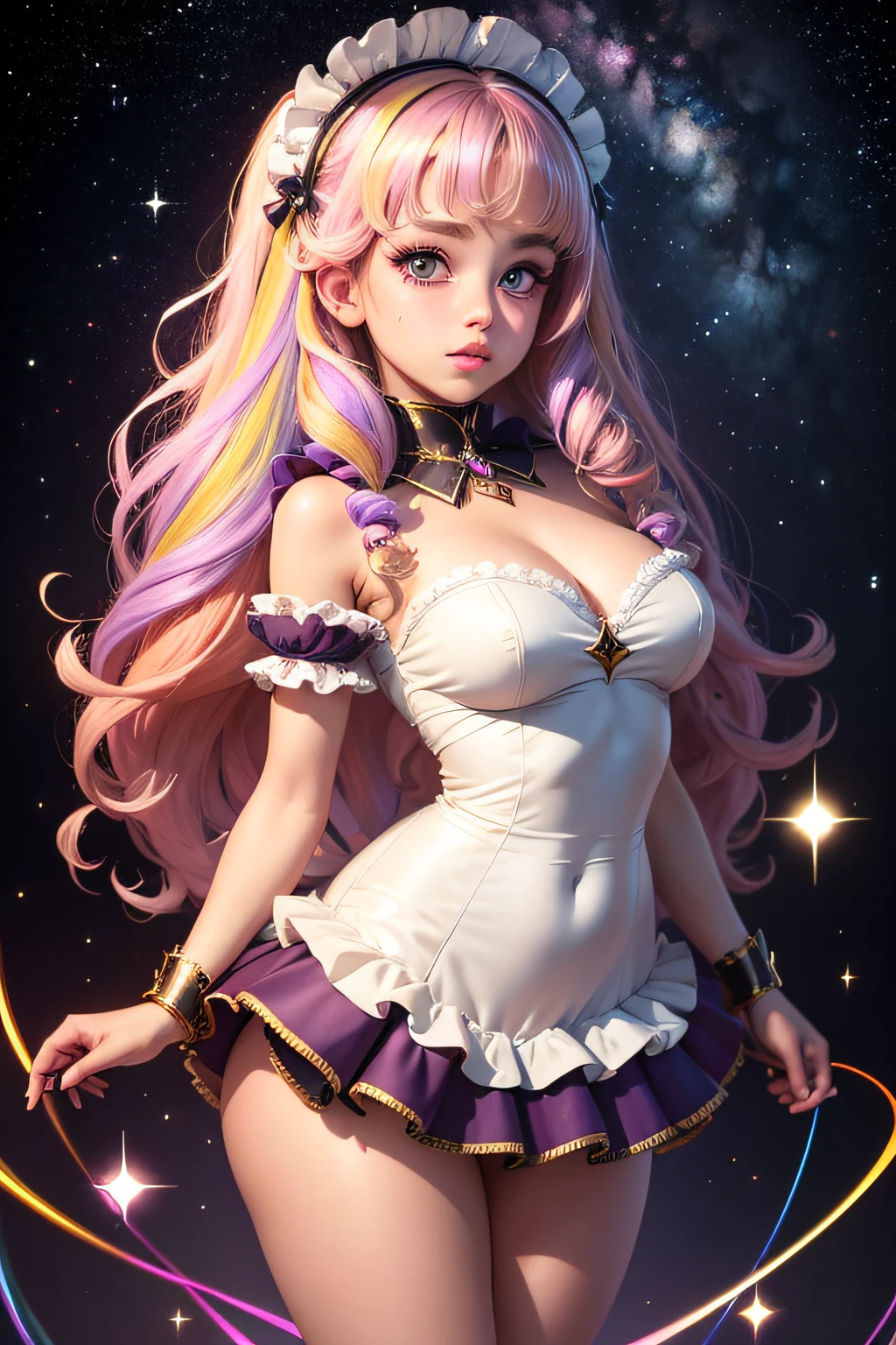 masterpiece, best quality, masterpiece, godlike quality, godlike art, highly detailed face, full body, highly realistic, cute, young girl, big eyes, long eyelashes, multicolored hair, multicolored eyes, shiny skin, full lips, big lips, shiny skin, blushing, magnificent view, in space, starry background, stars, shining light, multicolored light, maid costume