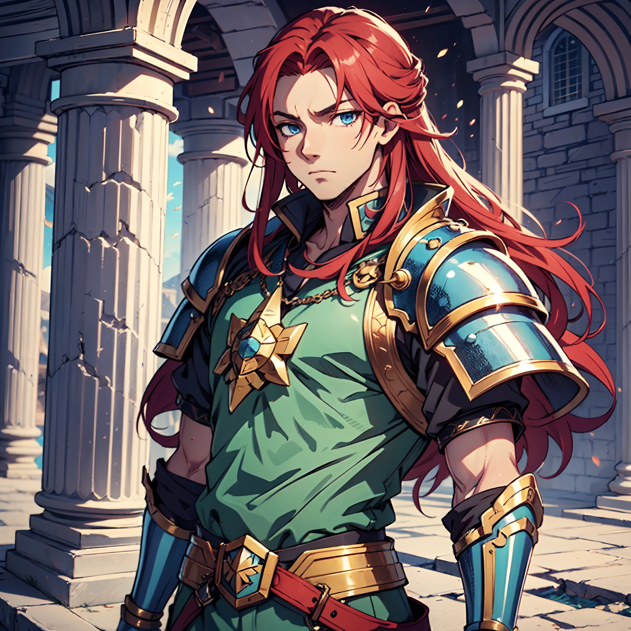 Ultra High Definition, Ultra High Quality, Extremely Detailed, Perfectly Detailed, Masterpiece, 8k, 1 Boy, Look A Like Xin From Kingdom Anime, Handsome, Equipped With Paladin Armor, Solid Light Blue Eyes, Long Red Hair, Body Shot, Ancient Kingdom Background