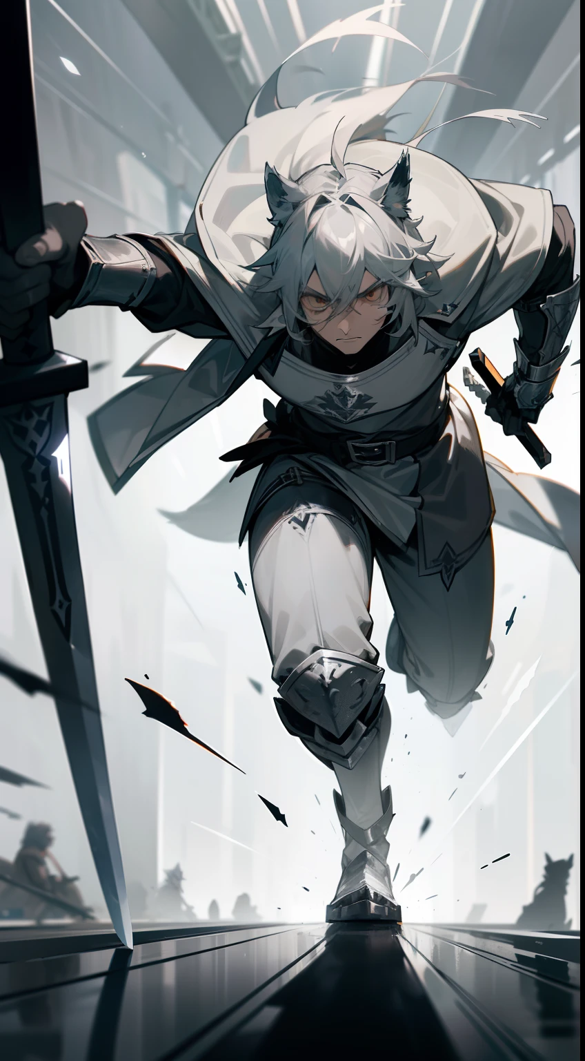 1boy,solo,gray hair,(( templar silver and knight outfit)), wolf ears, wolf tail, serious face, masterpiece, HD, 4k,((thunder clounds)),room,standing,face detailed,((running in the night,attacking with sword))
