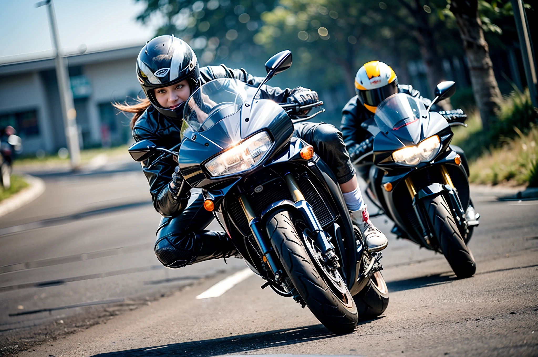 (Best Quality), Masterpiece, Ultra-high-resolution photos,1 girl in, Big motorcycle ride, Motorcycles driving through the city at high speed, (slow motion: 1.3), (motion blur: 1.4), (Speed Line: 1.4), sense of speed, panning shot