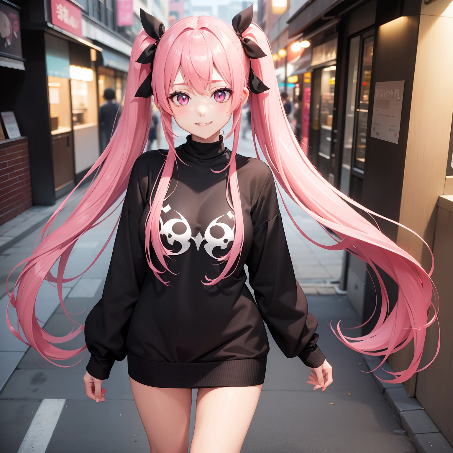 full body Esbian, masutepiece: 1.2, Highest Quality), (Live-action, elaborate details), (1 Lady, Solo, Upper body,) Clothing: Edgy, Black long jumper, pink miniskirt, long hair with pink twin tails,,,,,,,、Avant-garde, Experimental appearance: Long pink twin tail hair 、Heart-shaped choker、The location: bustling city、Solo, Nice smile、Value Creation in Mixed Media Art: individuality, authenticity, Creative expression