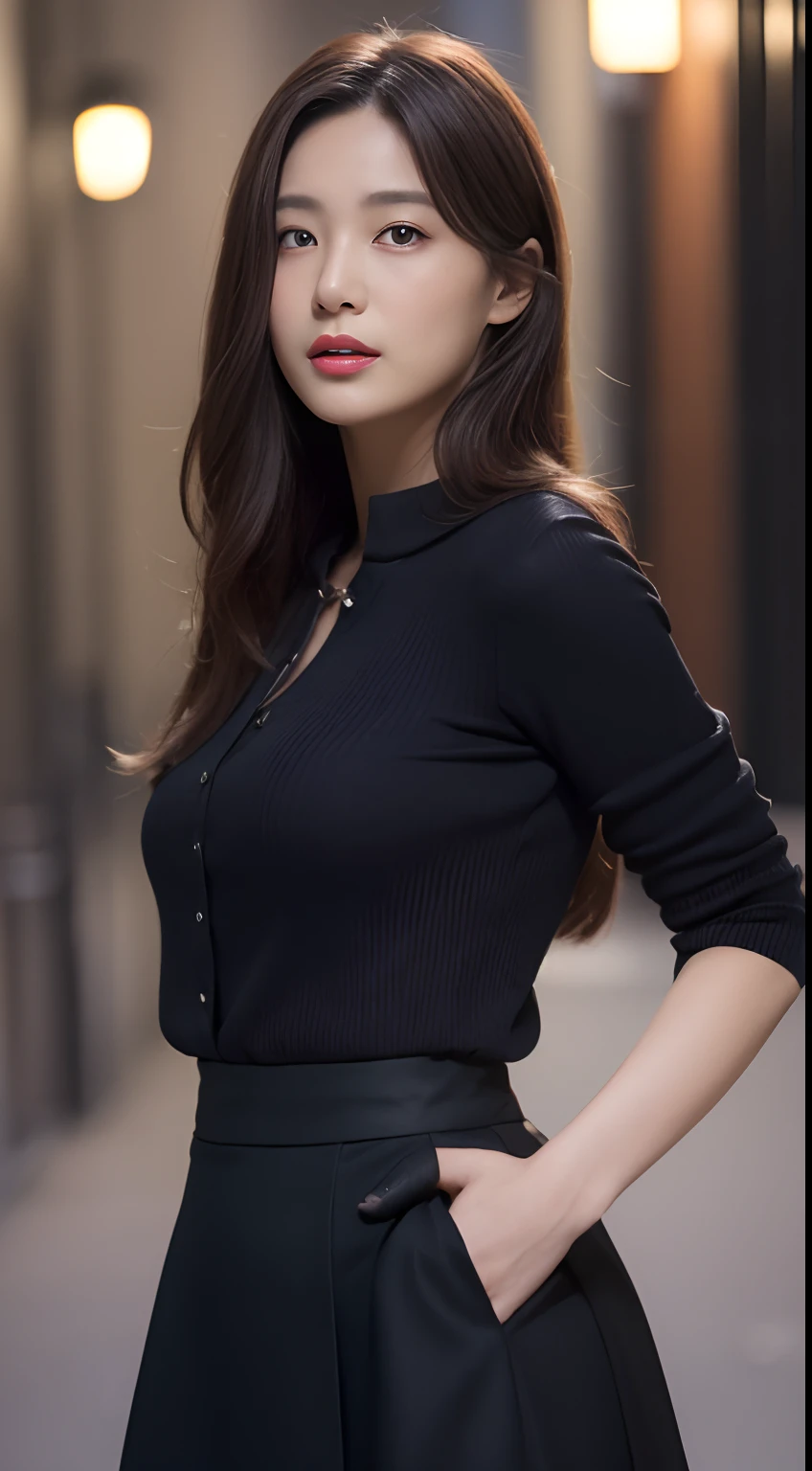 ((the night, 逼真光线, best qualtiy, 8K, tmasterpiece:1.3)), A tall and beautiful woman，Slender abs，Dark brown hair in loose wavy styling，nedium breasts，Wear a pendant，white button-down blouse，obi strip，a black skirt，（Modern architecture in background），Beautifully rendered details in face and skin textures，Detailed eyes，二重まぶた