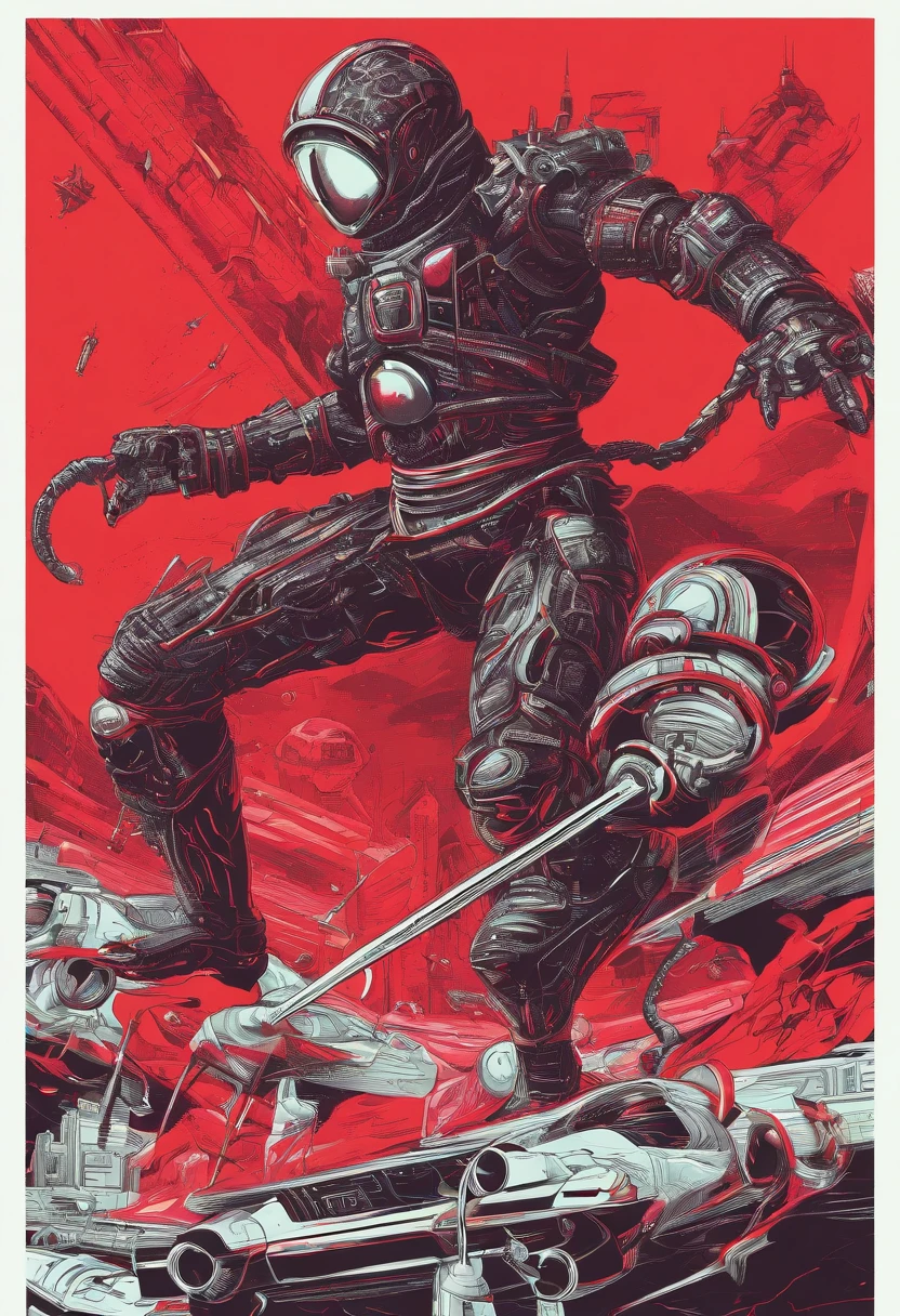 Cyberpunk-style mechanical ninjas fight in blood-red nights