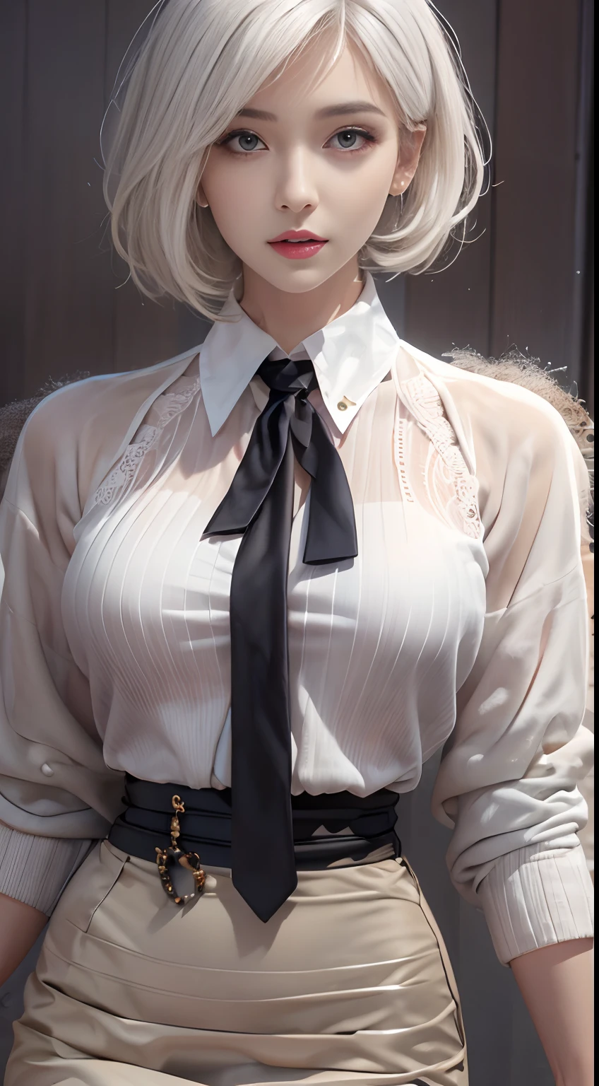 Photorealistic, High resolution, 1 Women, Solo, waist-up, Beautiful eyes, Close lips, Detailed face, White hair, short-hair, Collared shirt, black necktie,Black skirt, pencil skirts, Fur coat, Stockings