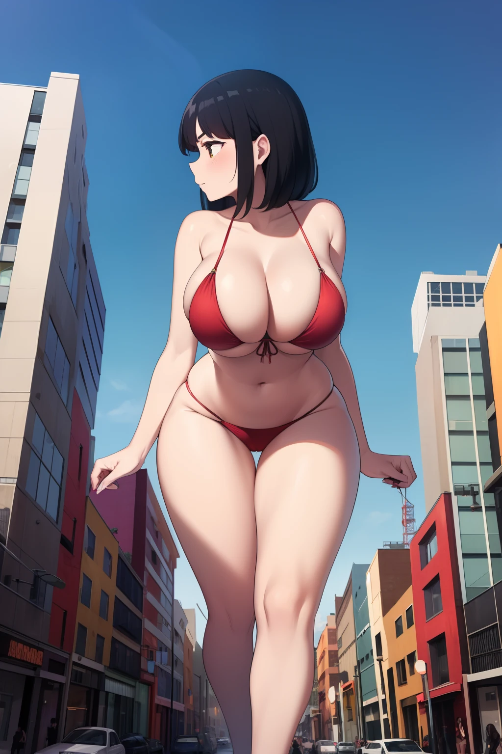 2girls, black hair, red bikini, GTScity, giantesses, city, buildings, curvy, busty