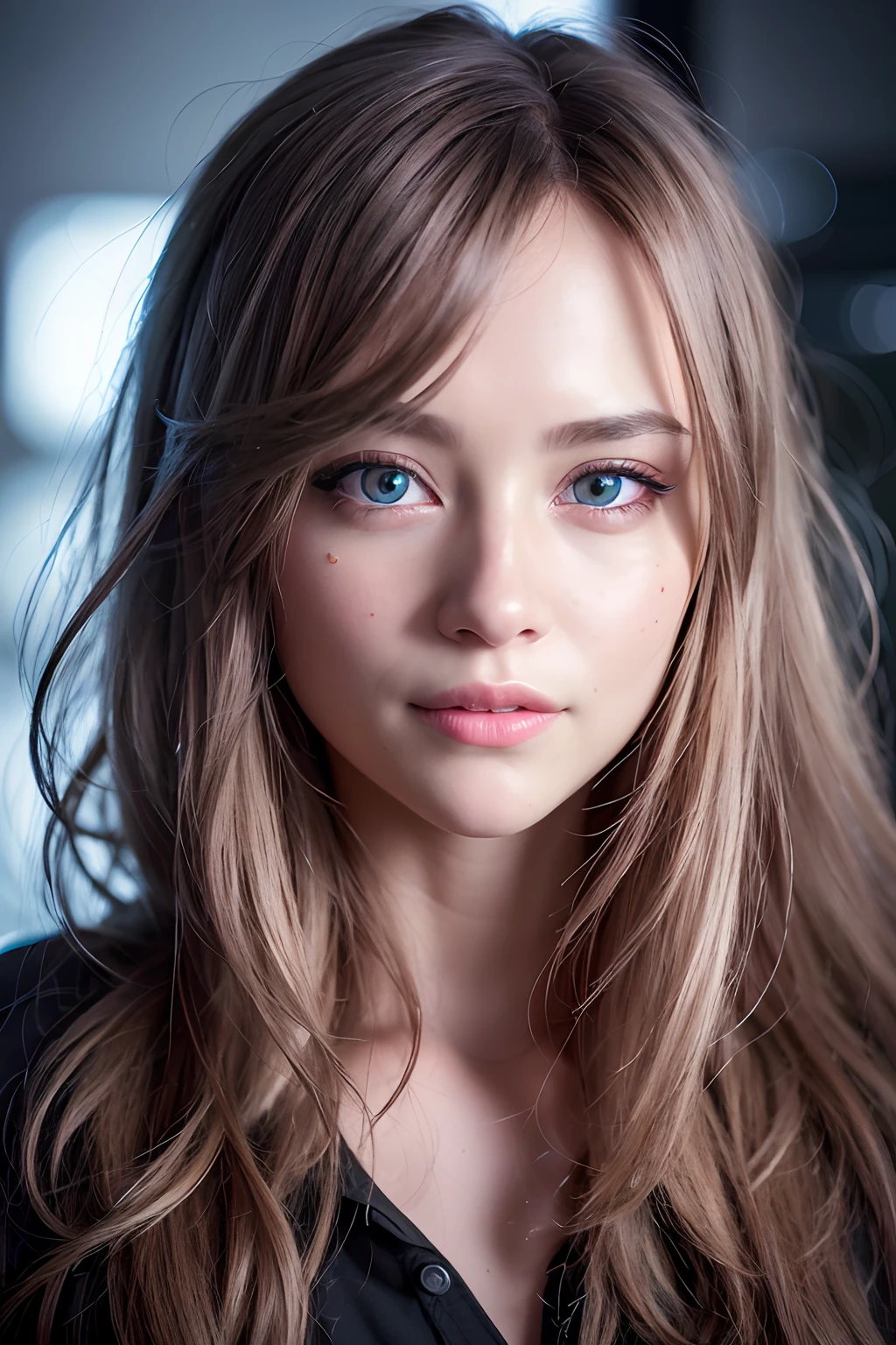 (realistic, photo-realistic:1.37),(8k, RAW photo, best quality, masterpiece:1.2), cute, ultra-detailed,heart-shaped pupils,physically-based rendering, ultra high res, kodakvision color, shot on Arricam LT Camera, bokeh, sharp focus,
looking at viewer,photorealistic,realistic, solo, photorealistic, best quality,extremely detailed face,extremely detailed eyes and face, beautiful detailed eyes,absurdres, incredibly absurdres,haunting smile,Messy hair, floating hair, ,