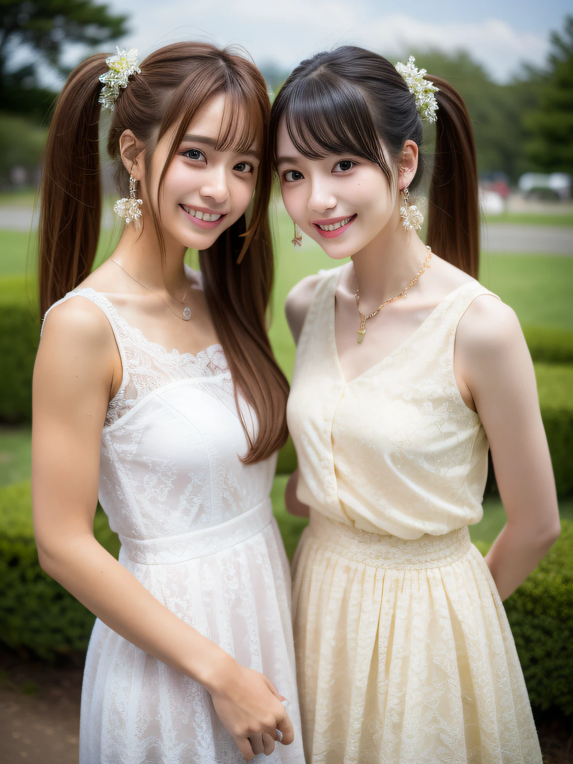 finely, High resolution, high quality、perfect dynamic composition, detailed and beautiful eyes, twin tail hair, beautiful breasts 、natural color lip, close up of face,Kamimei、2 girls included、transparent skin、shining hair、Fluffy skirt、intricate lace、intricate hair ornament、intricate earrings、intricate necklace、laughter、garden、looking at the camera