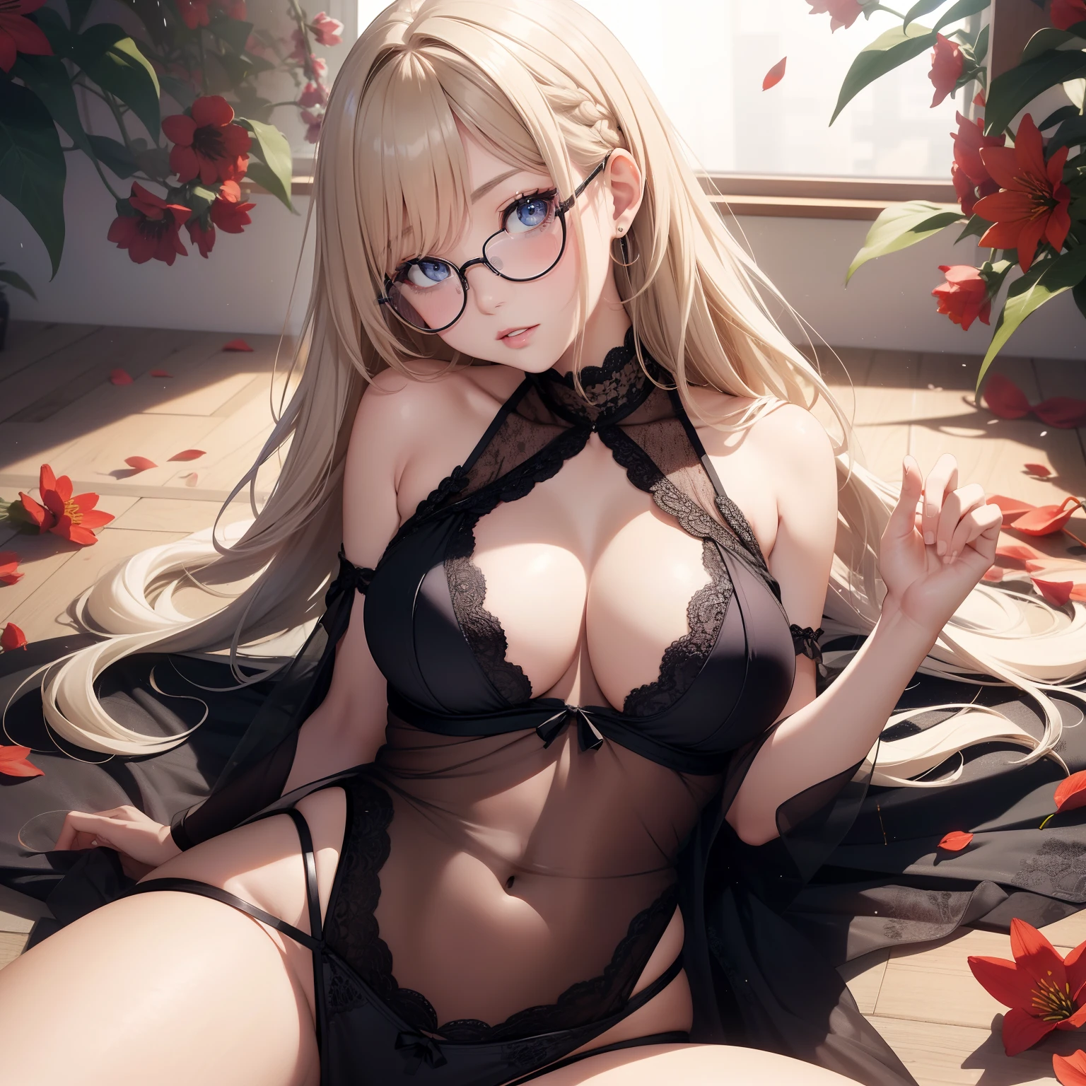 super high image, super detail, super high resolution, portrait, sexy female, beautiful, cute, glasses, blue sparkling big eyes, light blonde glossy braided bangs hair, red alluring moist lips, amorous expression, lewd expression, huge breasts, under boobs, side boobs, abs, great proportion, perfect proportion, slender, black lace see-through tight dress, background lots of petals from lilies cherry blossoms and sunflowers are spread all over the place, professional lighting