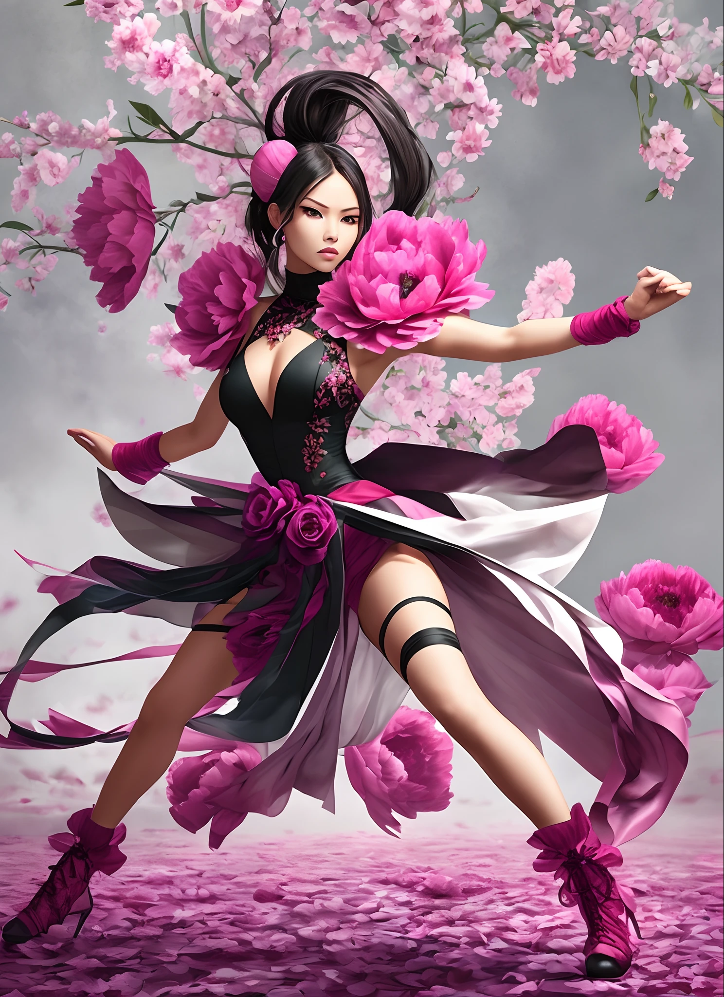 Peony woman, full body, Peony flower color palette, fighting stance, fierce look. --auto --s2