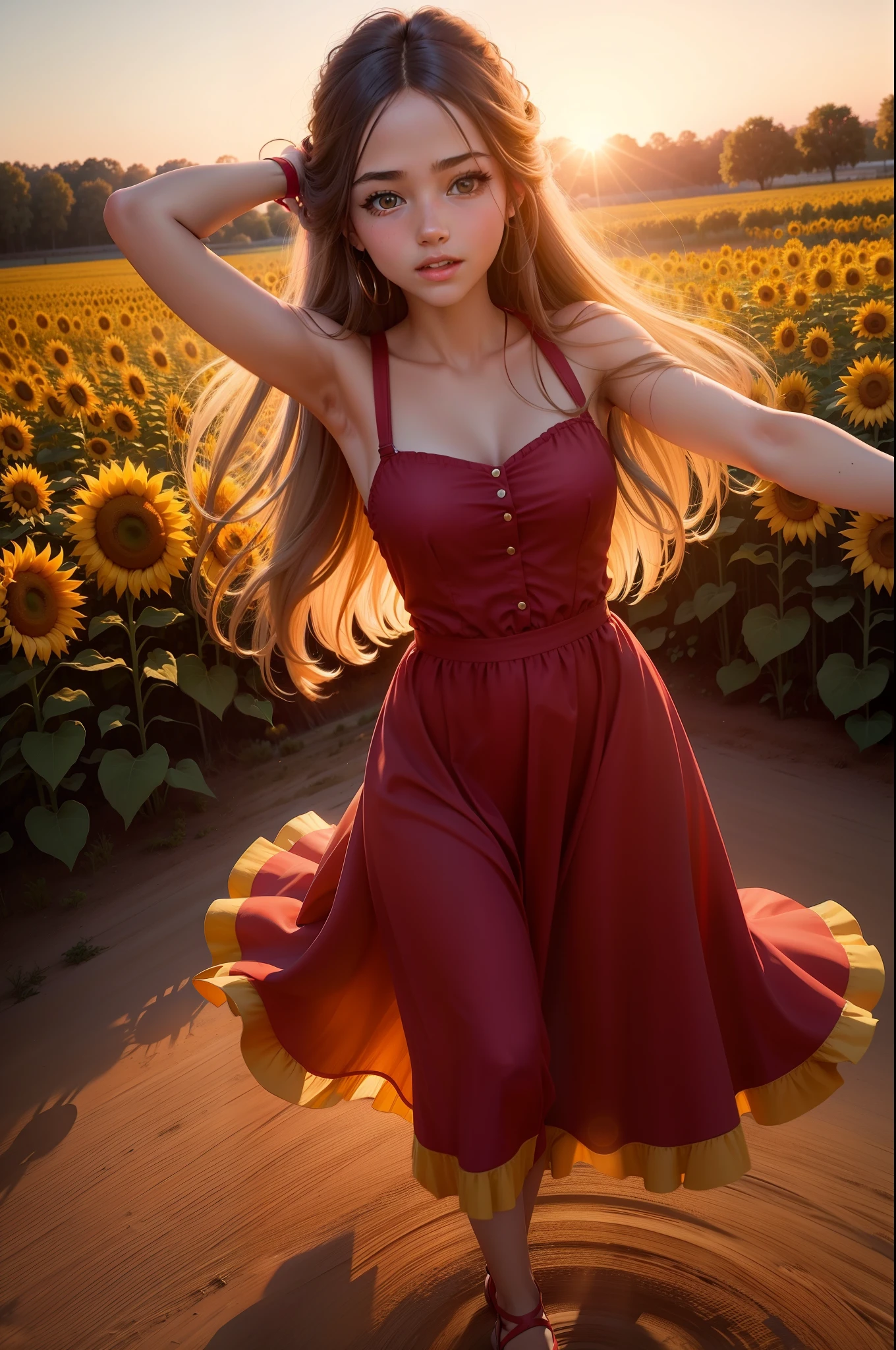 nice girls with long hair in red long dresses dancing in circle hora in a sunflower field at sunset with the sun in the front realistic cinematic image view from the ground