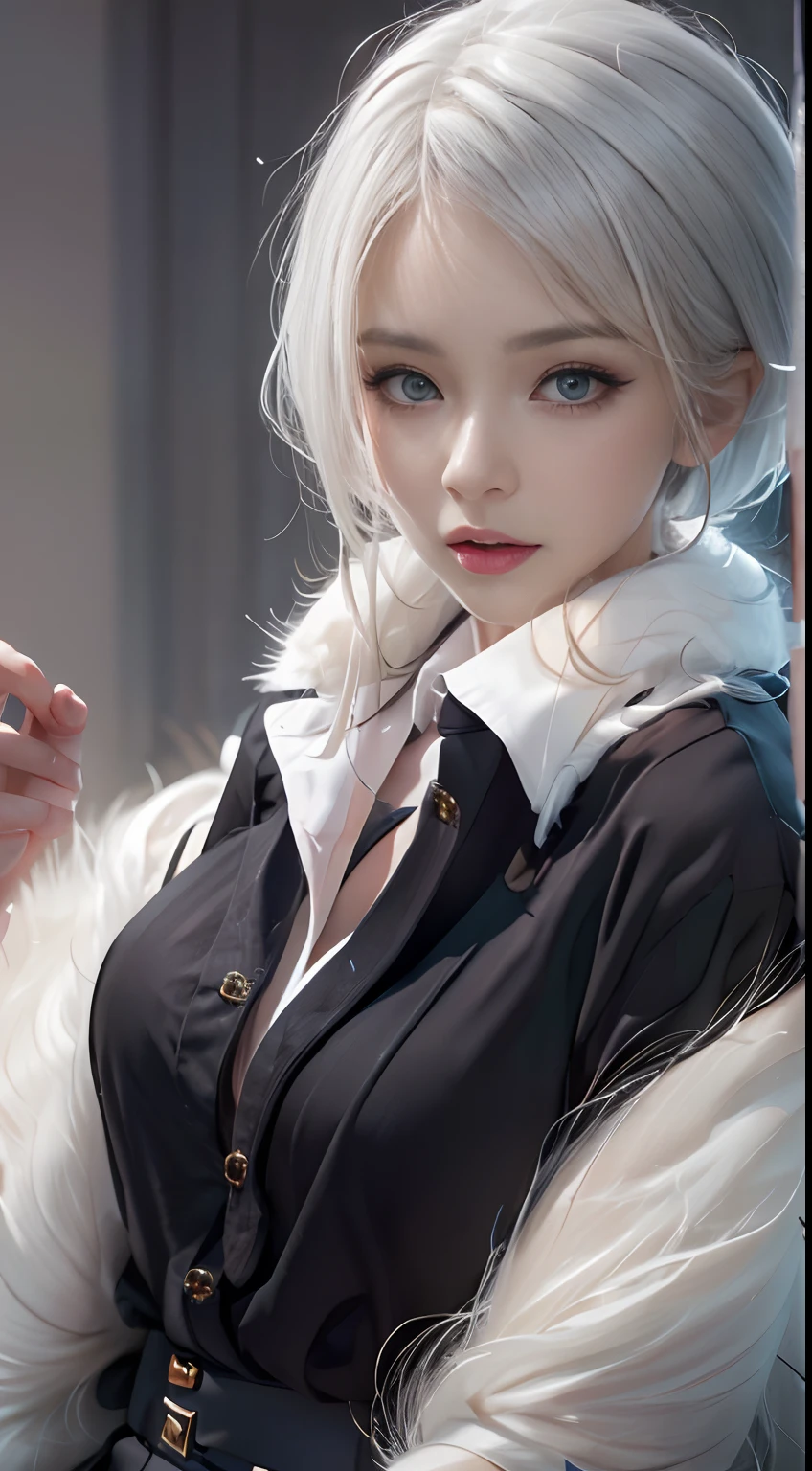 Photorealistic, High resolution, 1 Women, Solo, waist-up, Beautiful eyes, Close lips, Detailed face, White hair, short-hair, Collared shirt, black necktie,Black skirt, pencil skirts, Fur coat, Stockings