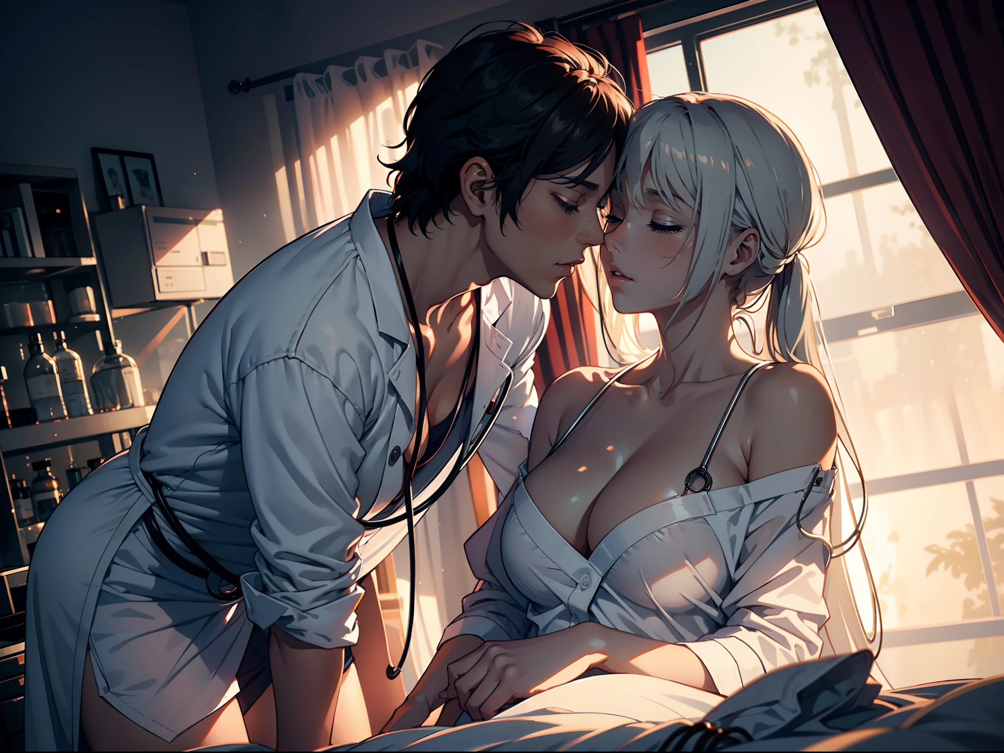 (highres,best quality:1.2),ultra-detailed,passionate,romantic,erotic,love,affection,intimate,lustful,embrace,physically intimate,close contact,desire,intense,physical connection,tender,gentle,deep kiss,whispering sweet nothings,longing gaze,darkened room,secretive,forbidden romance,hidden desires,innermost fantasies,steamy atmosphere,moments of passion,uninhibited love,doctor in white lab coat,wearing stethoscope,patient dressed in hospital gown,clinical setting,scent of antiseptic,clean surroundings,clinic examination table,medical equipment,privacy curtains drawn,soft glowing light,subtle shadows,warmth in their eyes,enticing lips,emotional connection,subtle smiles,light touch,lustful sighs,closed eyes,undying love,color palette of warm tones,subdued lighting,hint of sensuality.