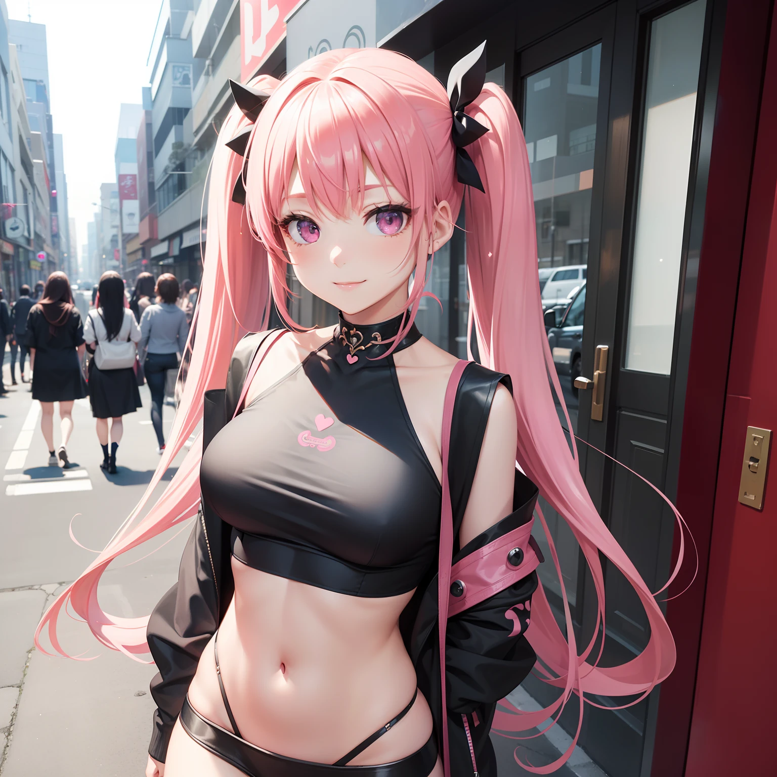 full body Esbian, masutepiece: 1.2, Highest Quality), (Live-action, elaborate details), (1 Lady, Solo, Upper body,) Clothing: Edgy, Black long jumper, pink miniskirt, long hair with pink twin tails,,,,,、Avant-garde, Experimental appearance: Long pink twin tail hair 、Heart-shaped choker、The location: bustling city、Solo, Nice smile、Value Creation in Mixed Media Art: individuality, authenticity, Creative expression