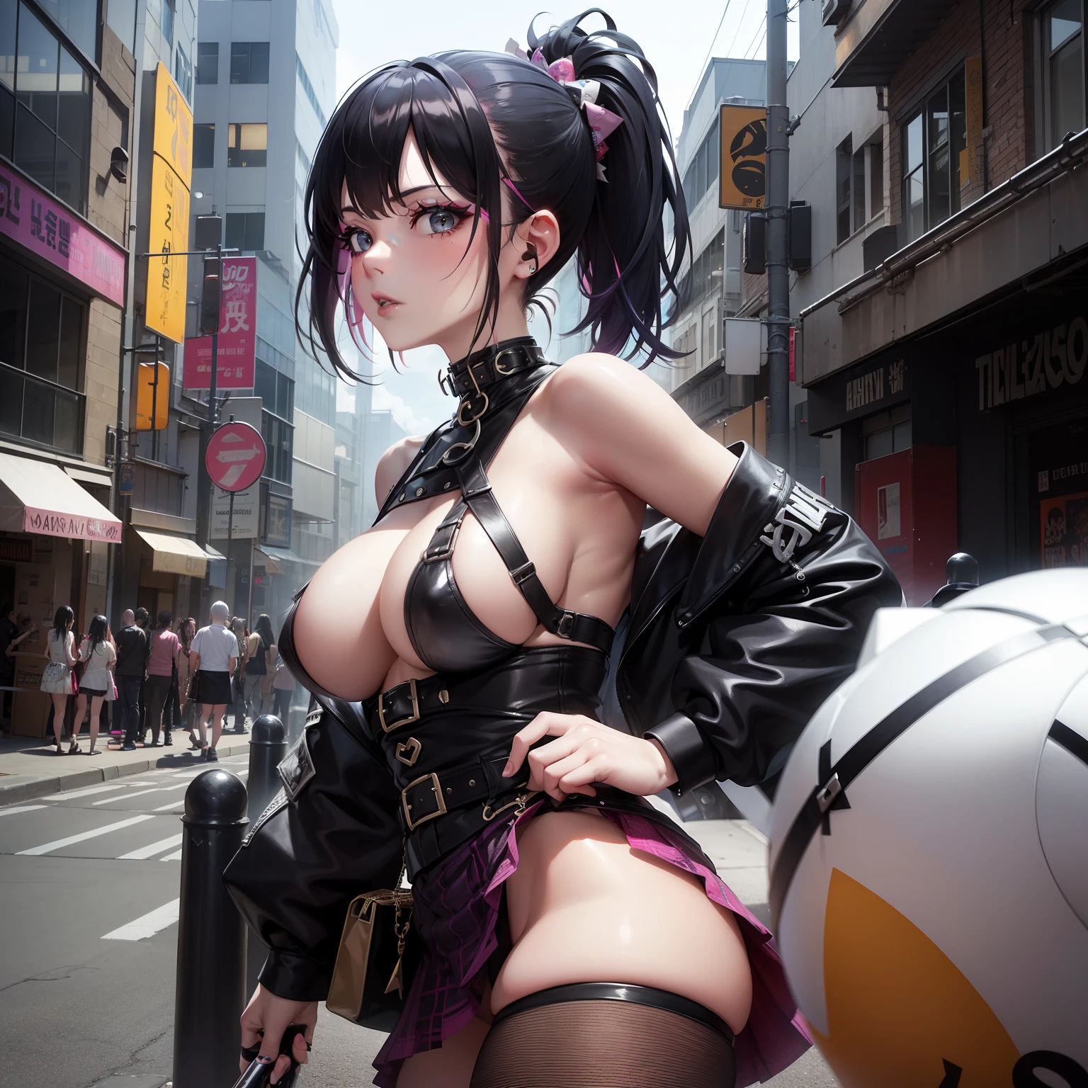 (masuter piece:1.2、top-quality)、(Live action、Intricate details)、(1lady、独奏、The upper part of the body、Colossal tits) garments: Edgy、Avant-garde、Experimental appearance: Shaved head or bold hair color、Dramatic makeup、Unconventional fashion choices behavior: Rebel、Runaway Ladies Leader、secretary-general、Black jumper、Pink mini skirt、Anti-system、Provocative Location: urban art district、Underground Music Scene Hobbies: Take part in punk shows、Create mixed media art、Experiment with different subcultures values: individuality、authenticity、Creative Expression Inspiration: Punk rock music、Counterculture icons、avant-garde art movements Personality traits: boldness、boldness、Unconventional。