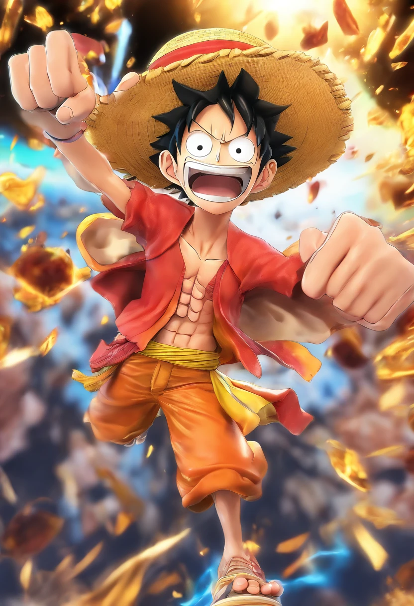 One Piece anime character Luffy soft lighting, colorful, Good composition, Starlight all around, Overlooking, Closed shirt, Anime screenshots, Scars under the eyes, preparing to fight, yellow-eyed --auto
