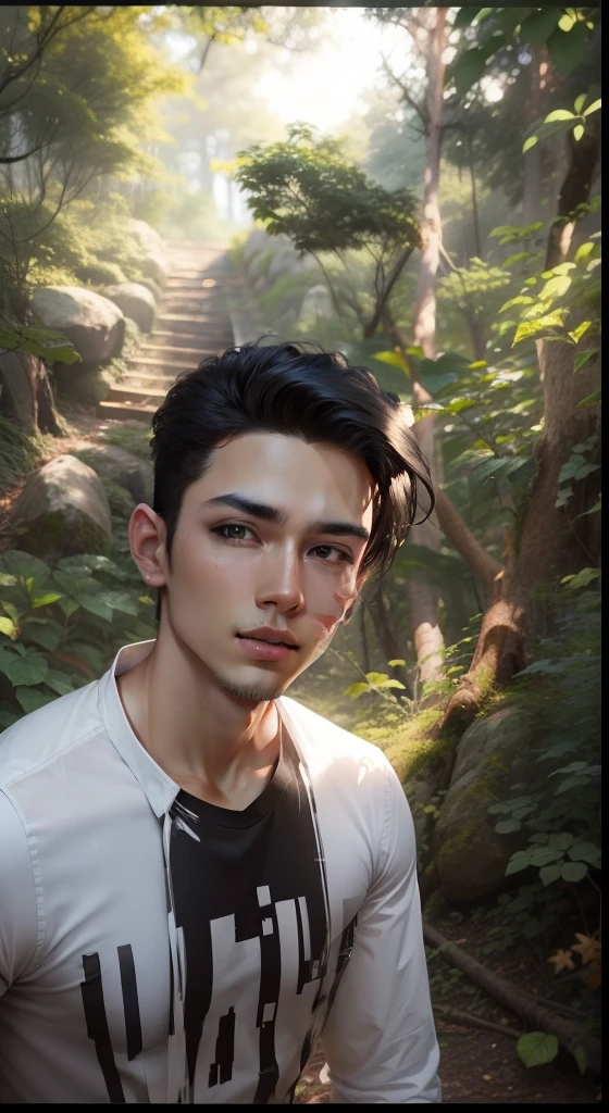 Change background in forest , black and white  shirt, handsome boy, male, mast hairstyle