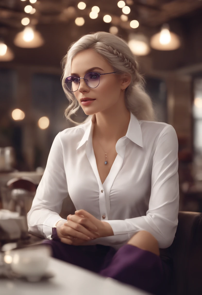 At best....., high-detail, master-piece, ultra-detail, (Realistic:1.2), 1girls, ( Cafe Background),, delicate eyes, silver-haired, purple eyes, Hair ornaments, (Clear Buttons White Tight Office Shirt:1.3),Hair length, light_ear, diadem_braid, expressionless, straight hair, (++ Seated: 1.2), large boobs,lifelike,soft colors,Wear glasses