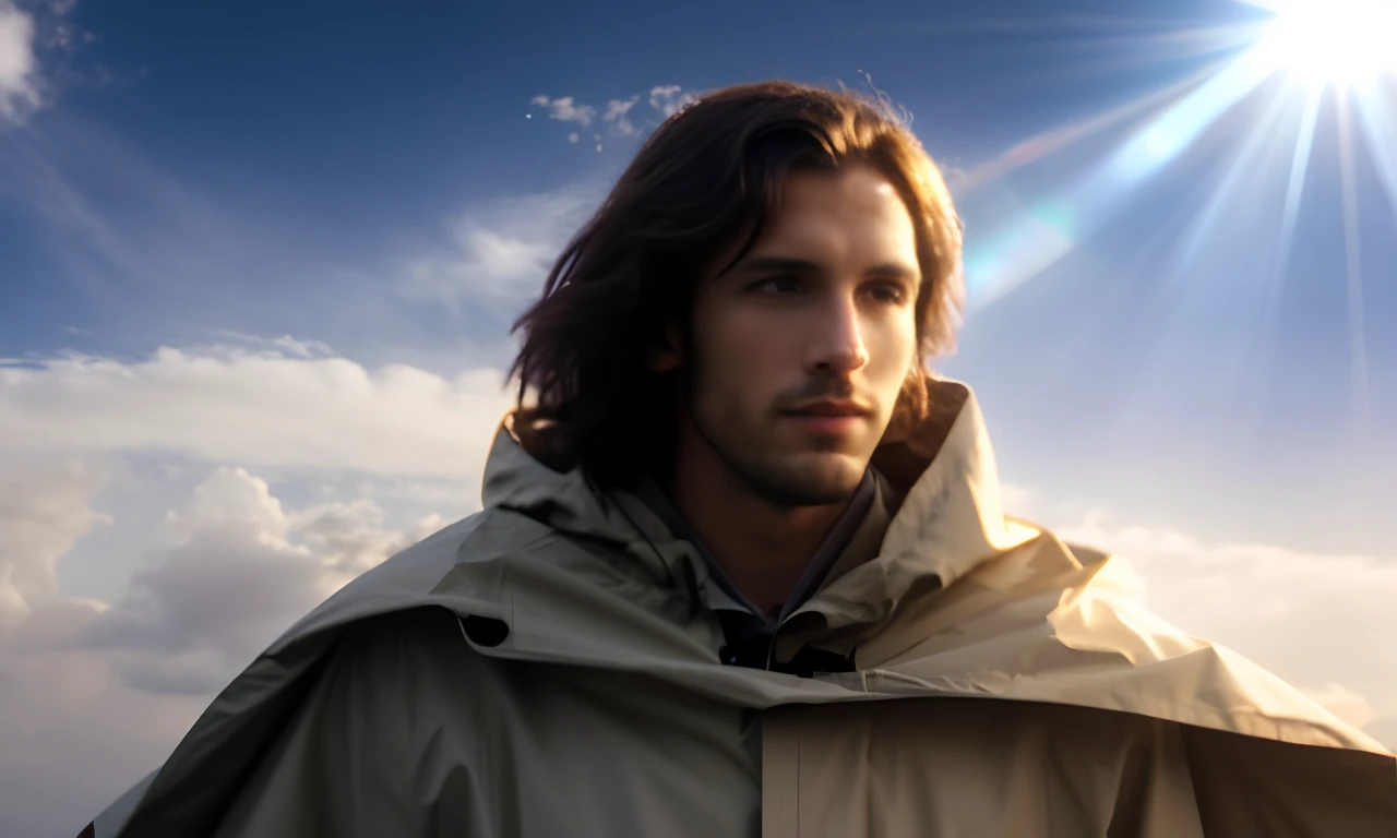Man in a raincoat, standing in front of the sun