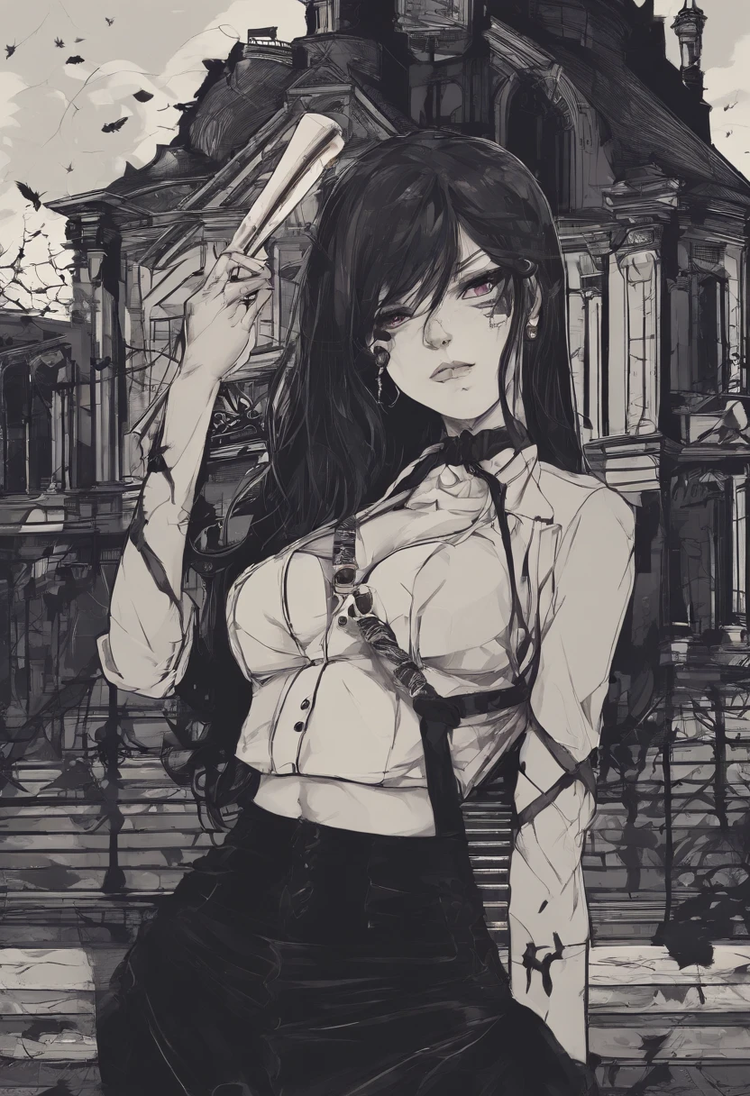School bully, beautiful girl, bad girl, big breasts, underwear, sitting on the street, pinching baseball bat, cigarette in mouth, scars and kiss marks on the breast