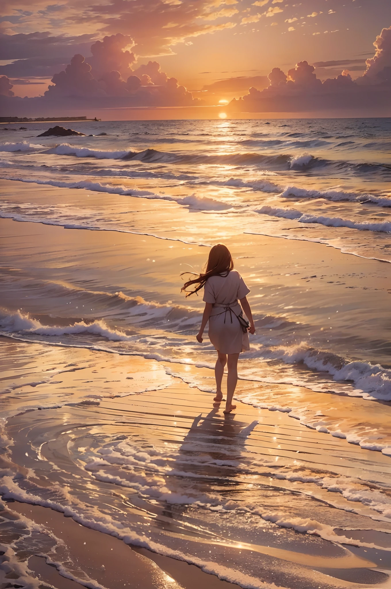 Woman standing on white sand beach and sea at sunset. The light of the setting sun sparkles、Dyeing the world in various colors. Splashes shining at sunset, Eta、Long shadow of a woman stretches into the setting sun. The world of Akanairo is beautiful、Lonely at the same time.(Because it is very realistic、Viewers mistake it for a photo with a very detailed description),(Situations that cannot happen in real life)、ultra-detailliert、Aesthetic、​masterpiece、top-quality、Photorealsitic、Looks great、Dramatic shadows、Clear clear view from afar