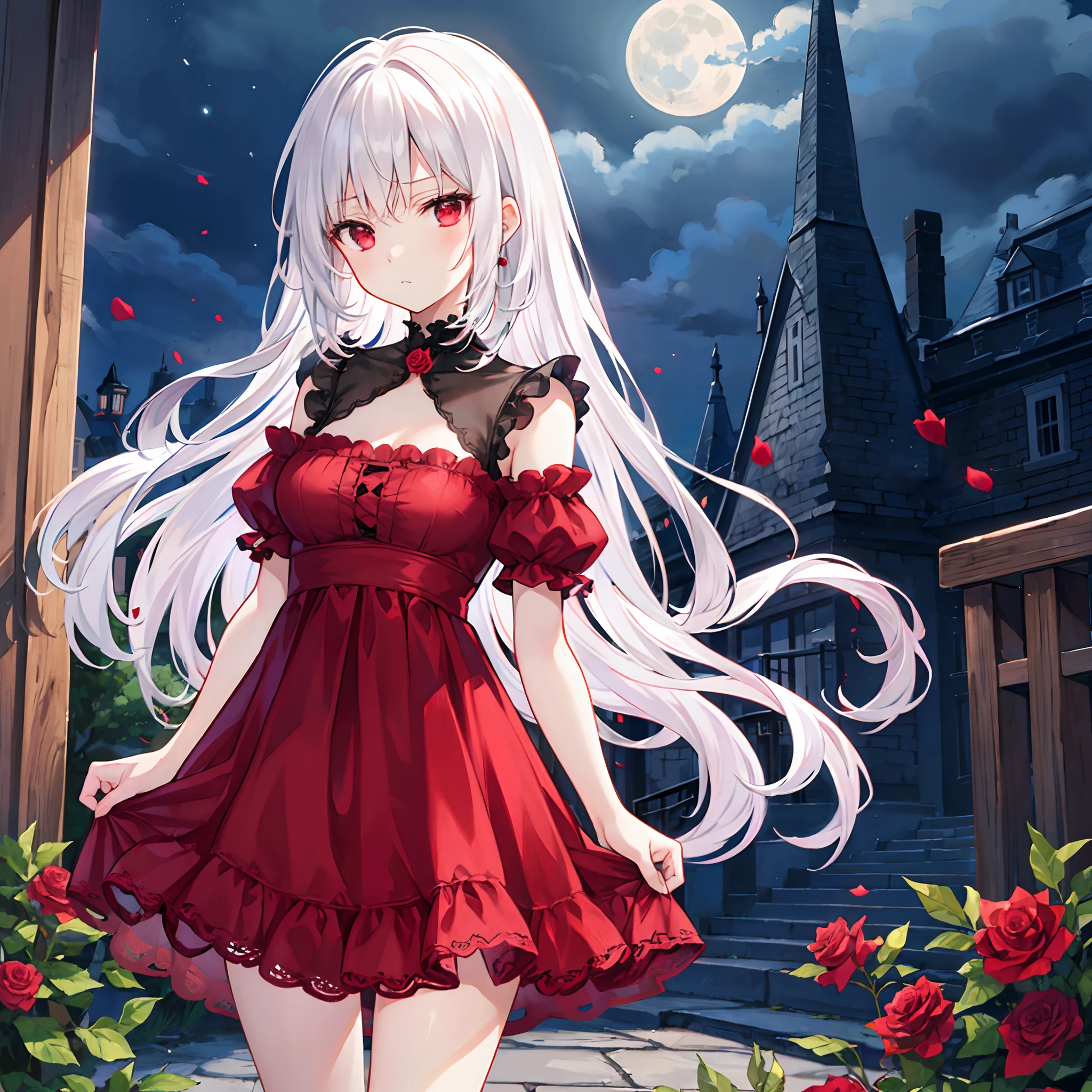 white hair、vampire、red eyes、Beautiful girl alone、Red dress、a cold expression、rose garden、a moon