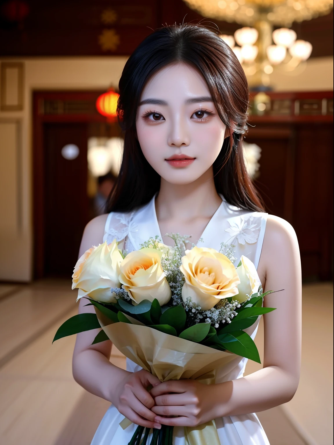 Chinese women are gentle and lovely,The bouquet is soft and serene,Round eyes,hair over shoulders, Deep V without back,full body,Moles under eyes, Hollow eyes, long eyelasher, first person perspective,in a panoramic view,High quality,Masterpiece,Super meticulous,Anatomically correct