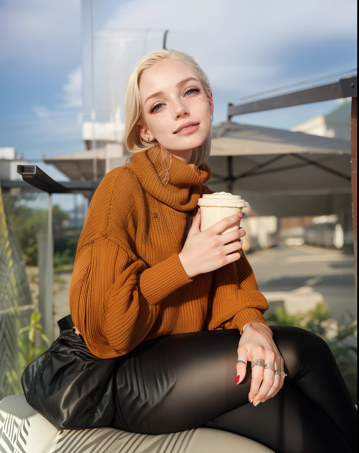 Rosto de uma mulher, americana, 25 anos, pale skin and freckles, olhos cinzas, nariz delicado, soft and delicate lips, cabelo blondie cinza ponytail, sorriso meigo