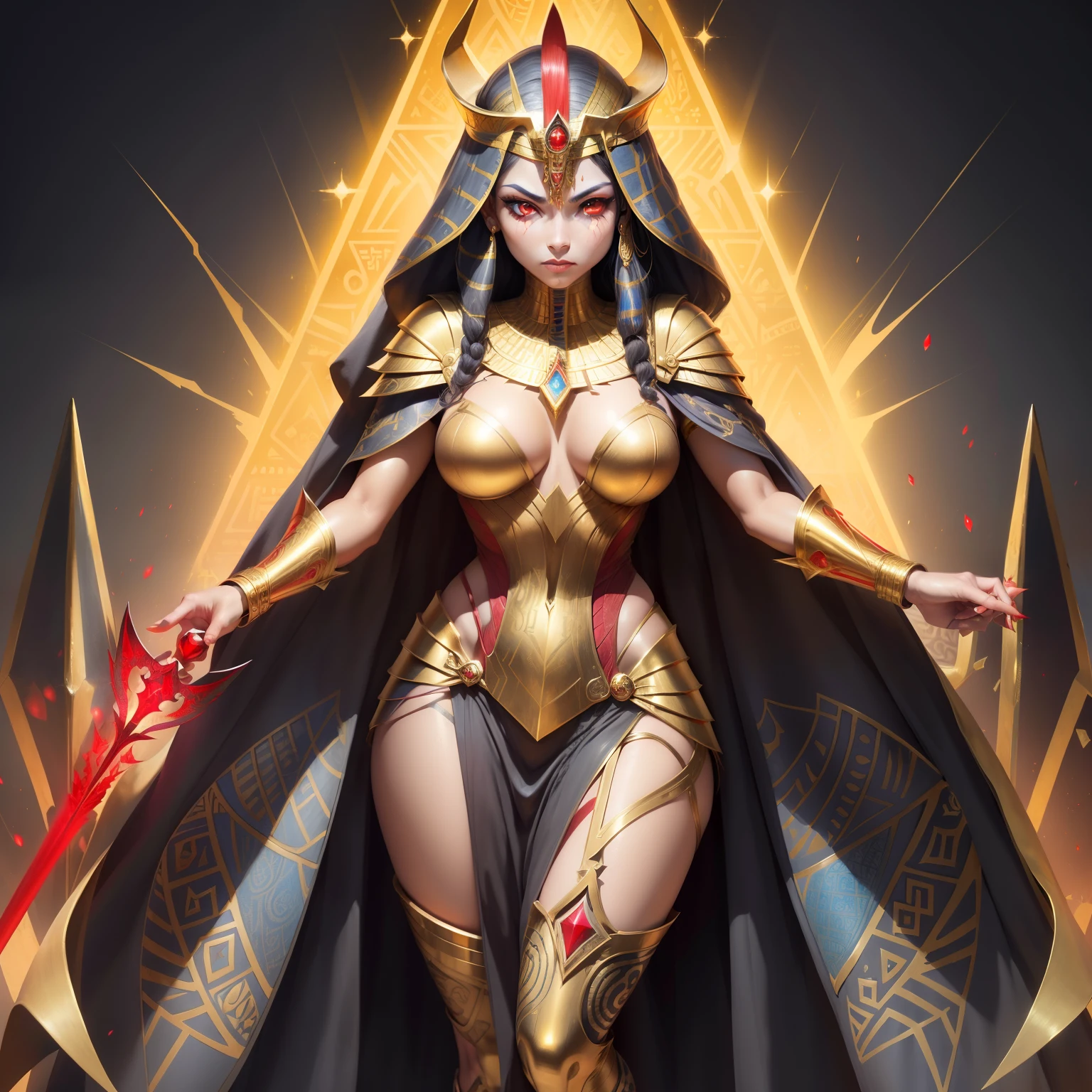 Pharaoh woman wielding a magic wand fiercely、 (egyptian art:1.2), (Coloring:1.2), golds, (Zentangle:1.2), (Blue-gray skin:1.2)、(red eyes:1.4)、a cold expression、(Golden costume:1.4)、Full body