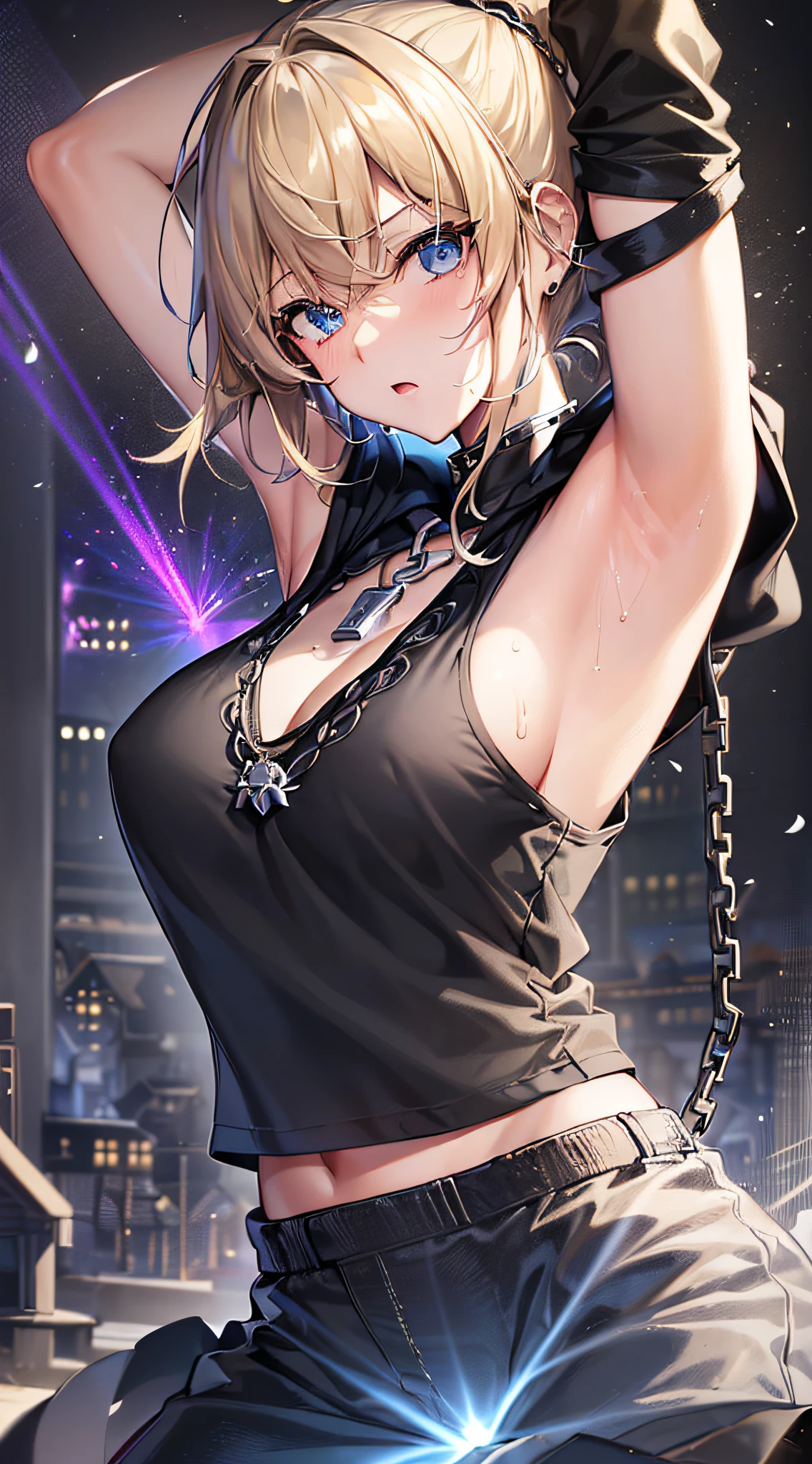 top-quality、Top image quality、masterpiece、girl with((18year old、tatteredclothing、Black tank top、Black short-sleeved hoodie、White pants、Best Bust、Bust 85、a blond、disheveled ponytail、Blue eyes、open chest wide、Happiness、Sweating、Chain Accessories、During the dance、))hiquality、visualart、Background with((live house、knight、Combustion Renditions、Laser Pointer))、masutepiece